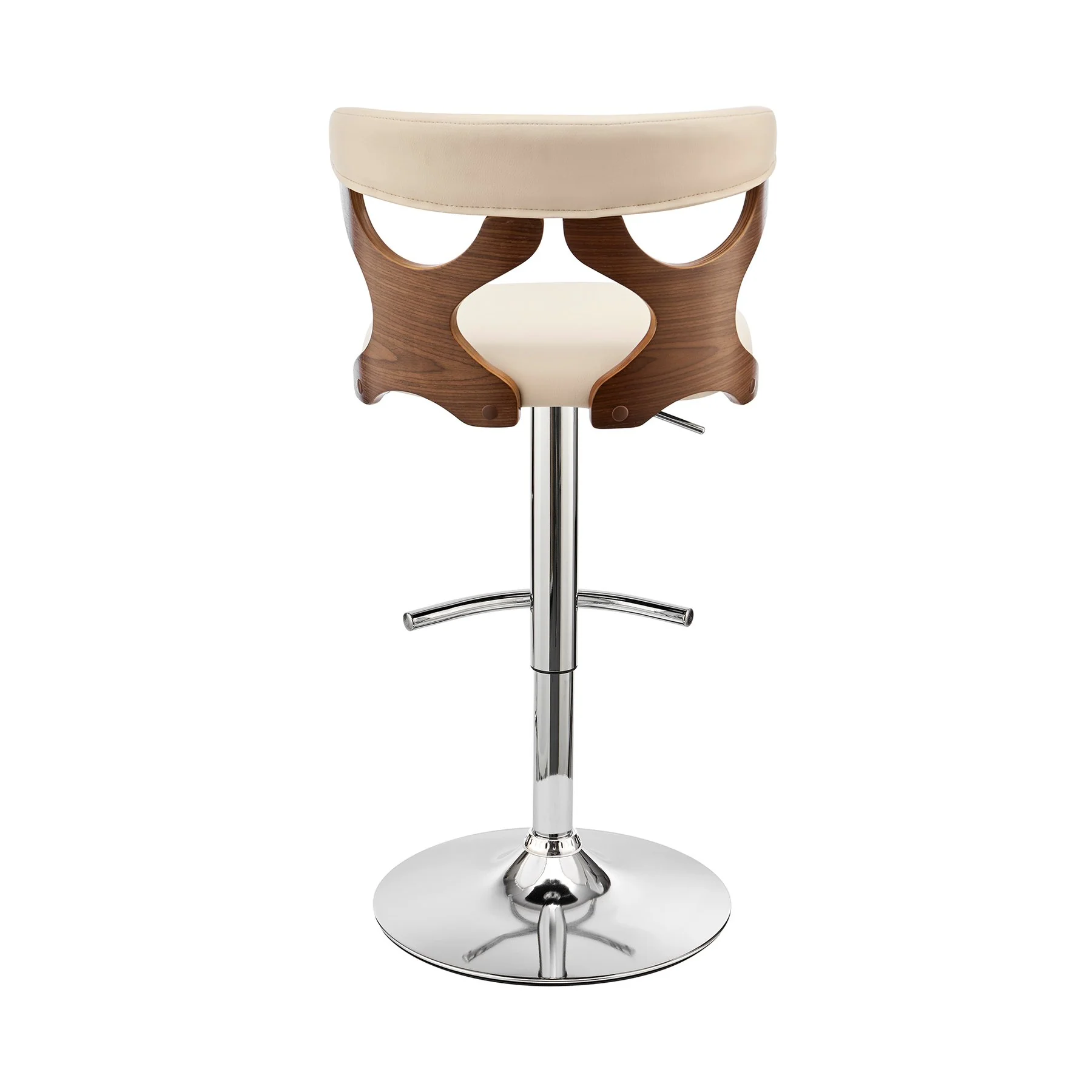 Ruth Adjustable Swivel Cream Faux Leather and Walnut Wood Bar Stool with Chrome Base - Image 5