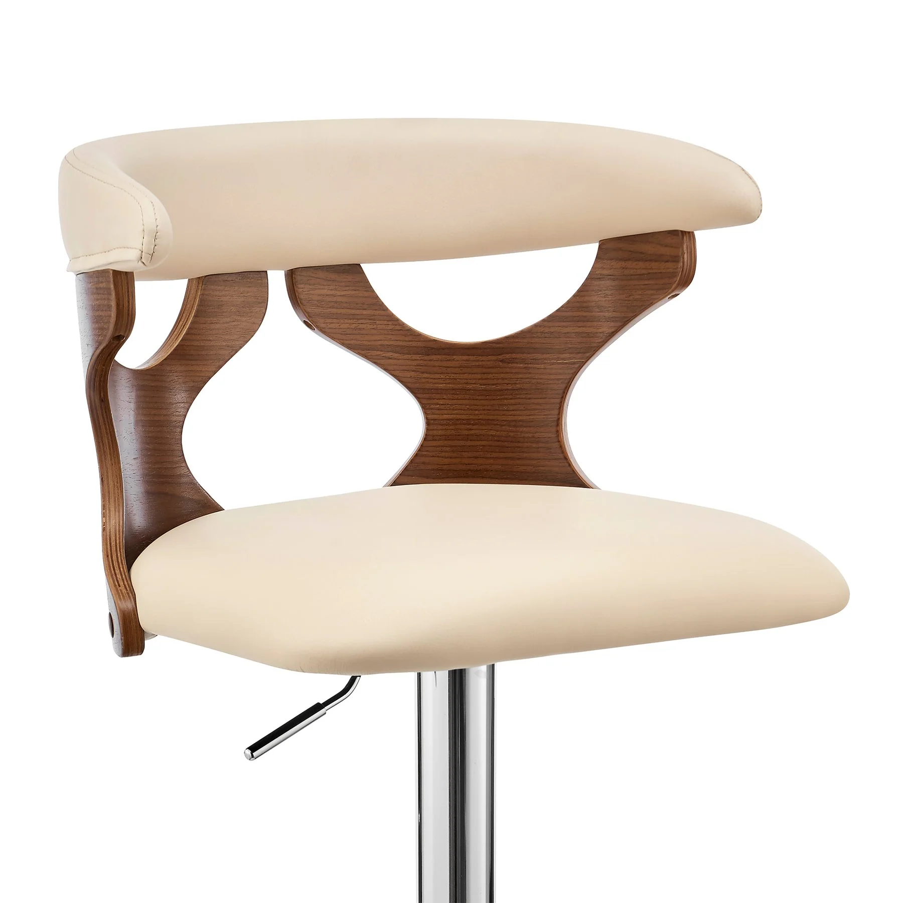 Ruth Adjustable Swivel Cream Faux Leather and Walnut Wood Bar Stool with Chrome Base - Image 6