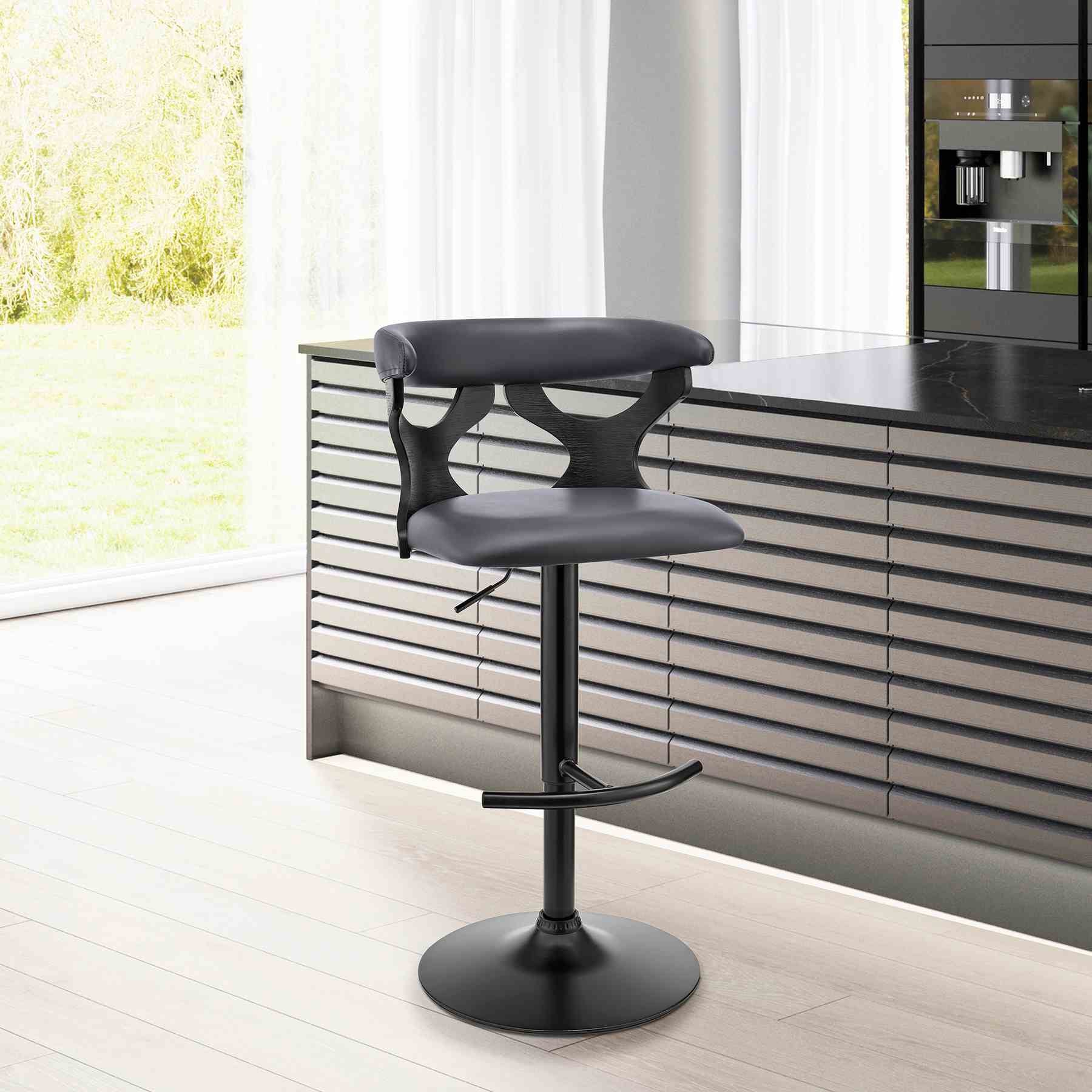 Ruth Adjustable Swivel Gray Faux Leather and Black Wood Bar Stool with Black Base - Image 10
