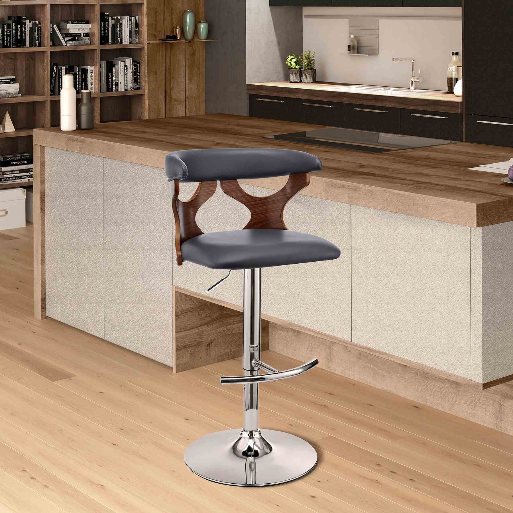 Ruth Adjustable Swivel Gray Faux Leather and Walnut Wood Bar Stool with Chrome Base - Image 10