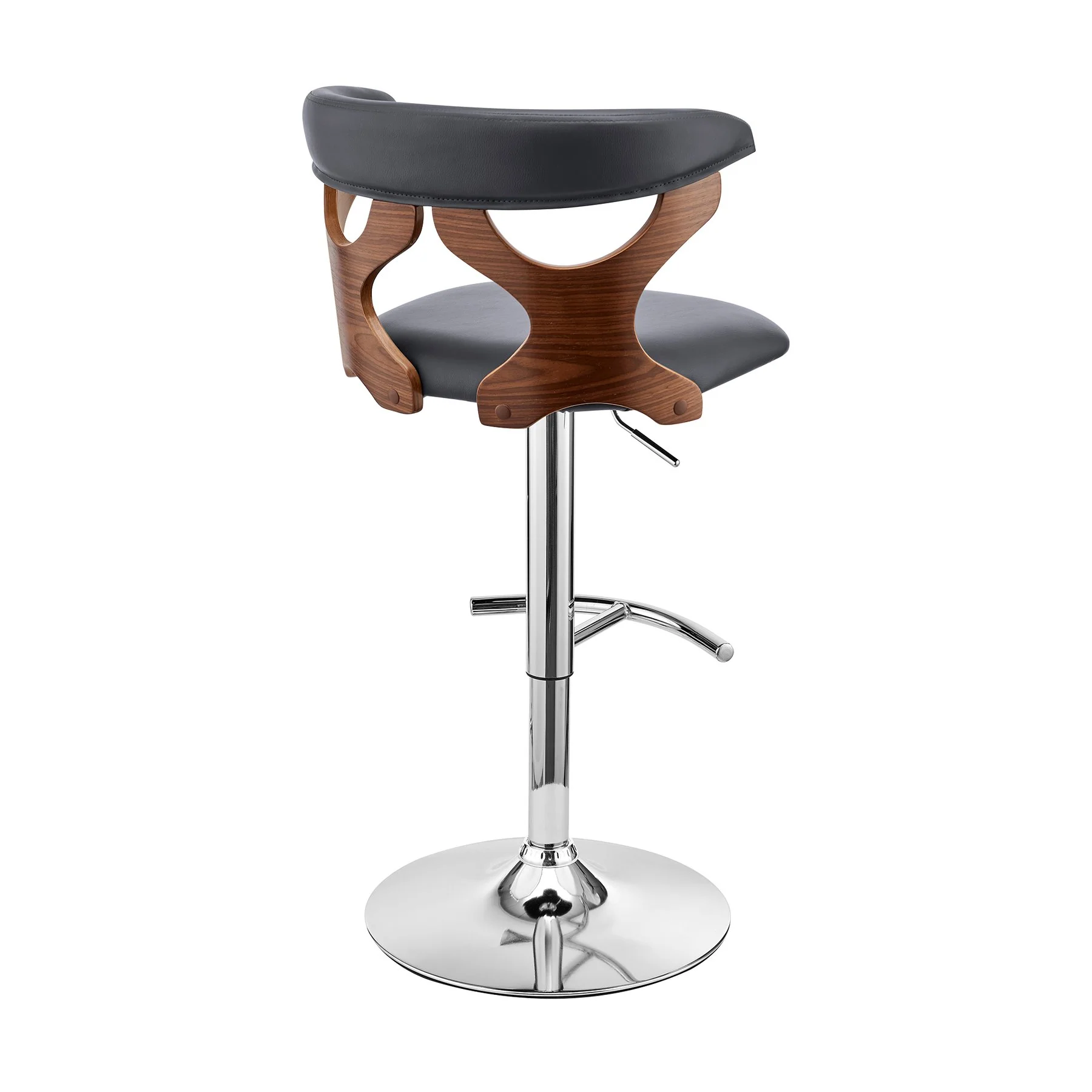 Ruth Adjustable Swivel Gray Faux Leather and Walnut Wood Bar Stool with Chrome Base - Image 4
