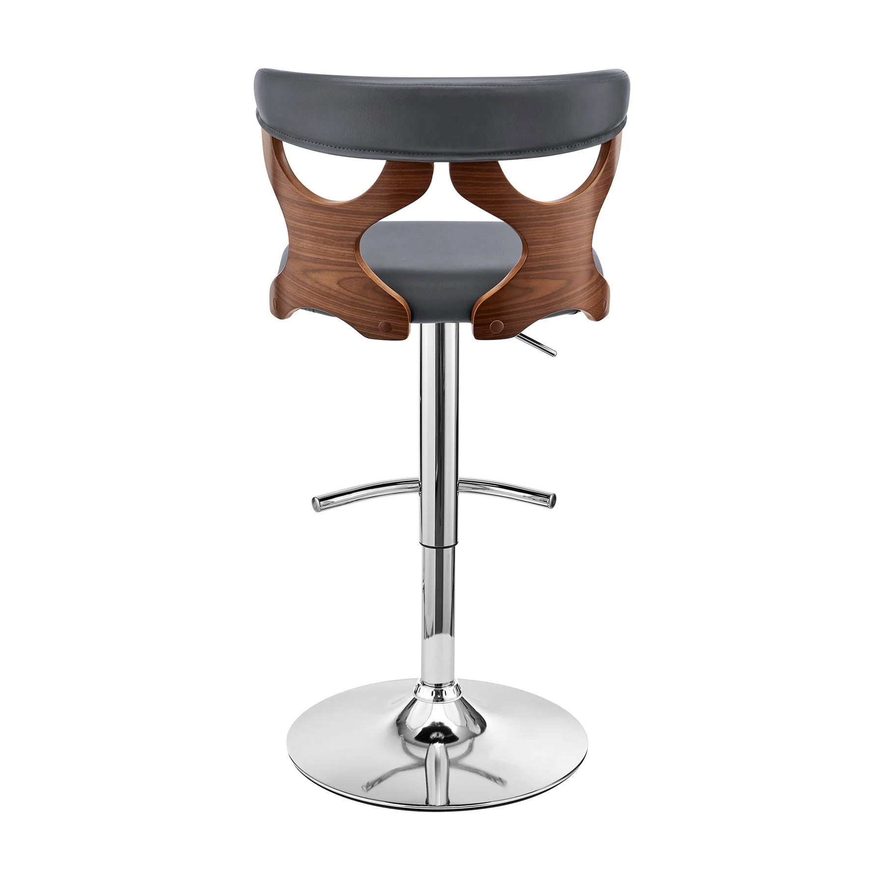 Ruth Adjustable Swivel Gray Faux Leather and Walnut Wood Bar Stool with Chrome Base - Image 5