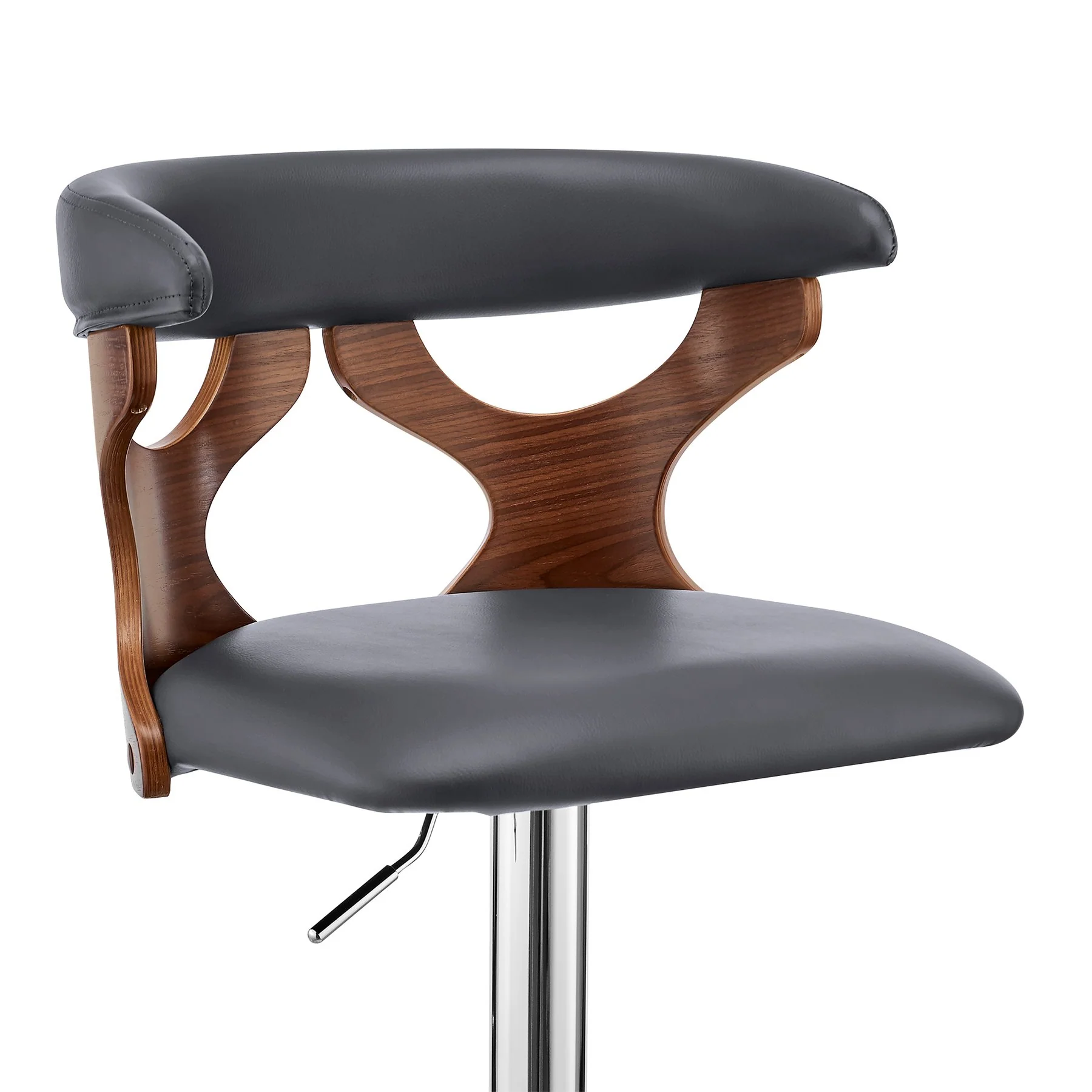 Ruth Adjustable Swivel Gray Faux Leather and Walnut Wood Bar Stool with Chrome Base - Image 6