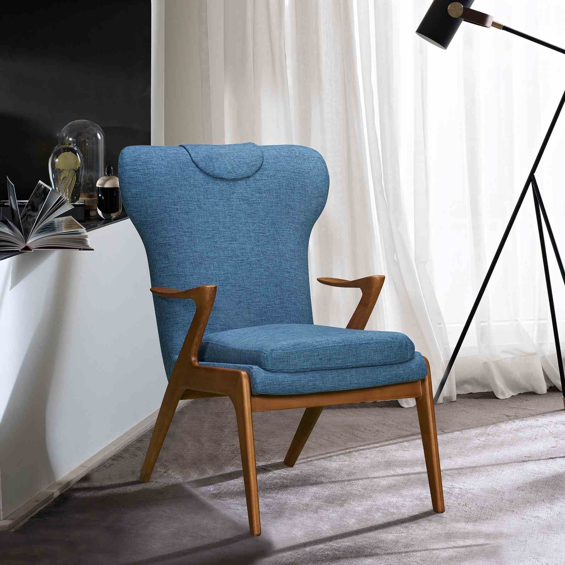Ryder Mid-Century Accent Chair in Champagne Ash Wood Finish and Blue Fabric - Image 6