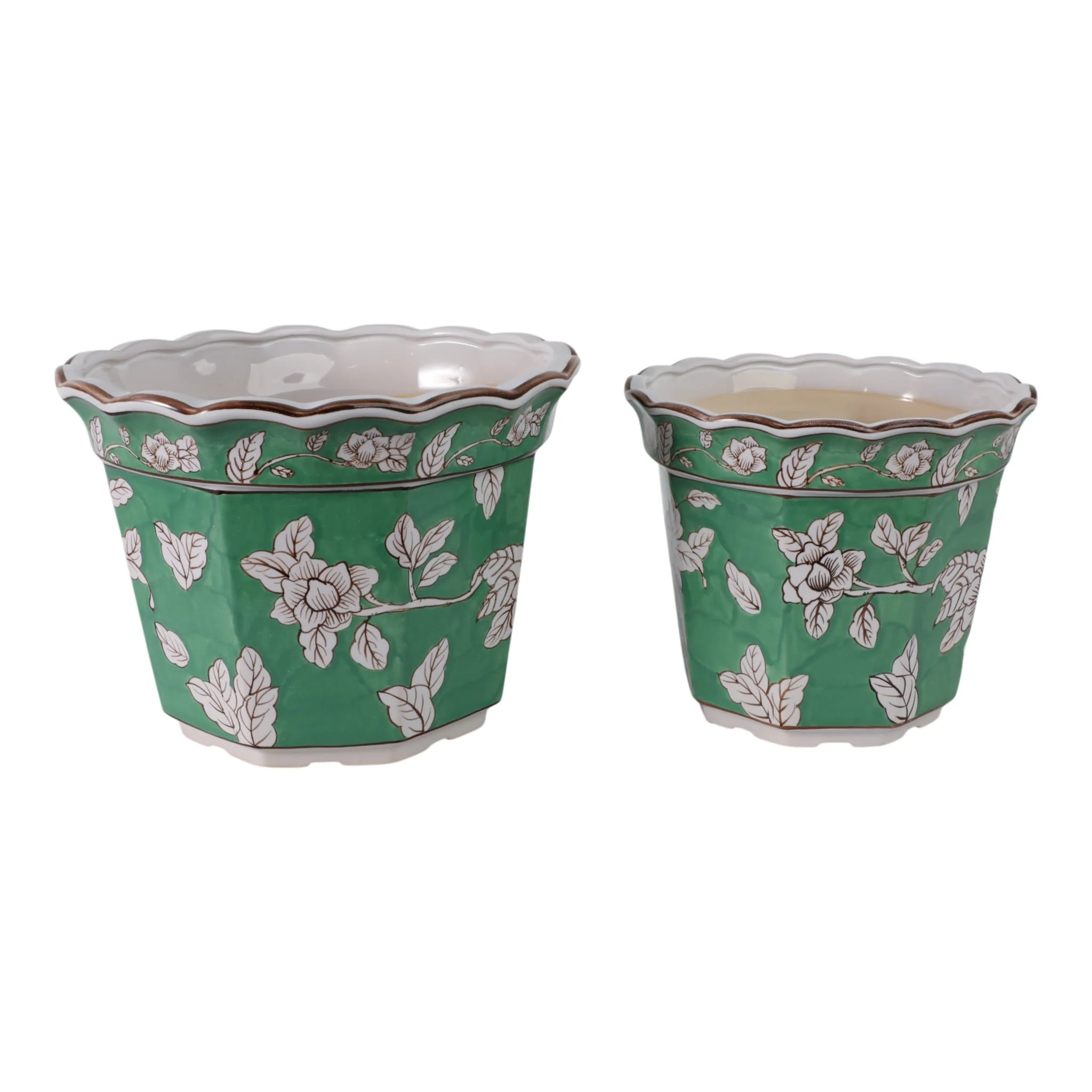 S/2 10/12 Bird & Flower Chinoiserie Planters,green - Image 2