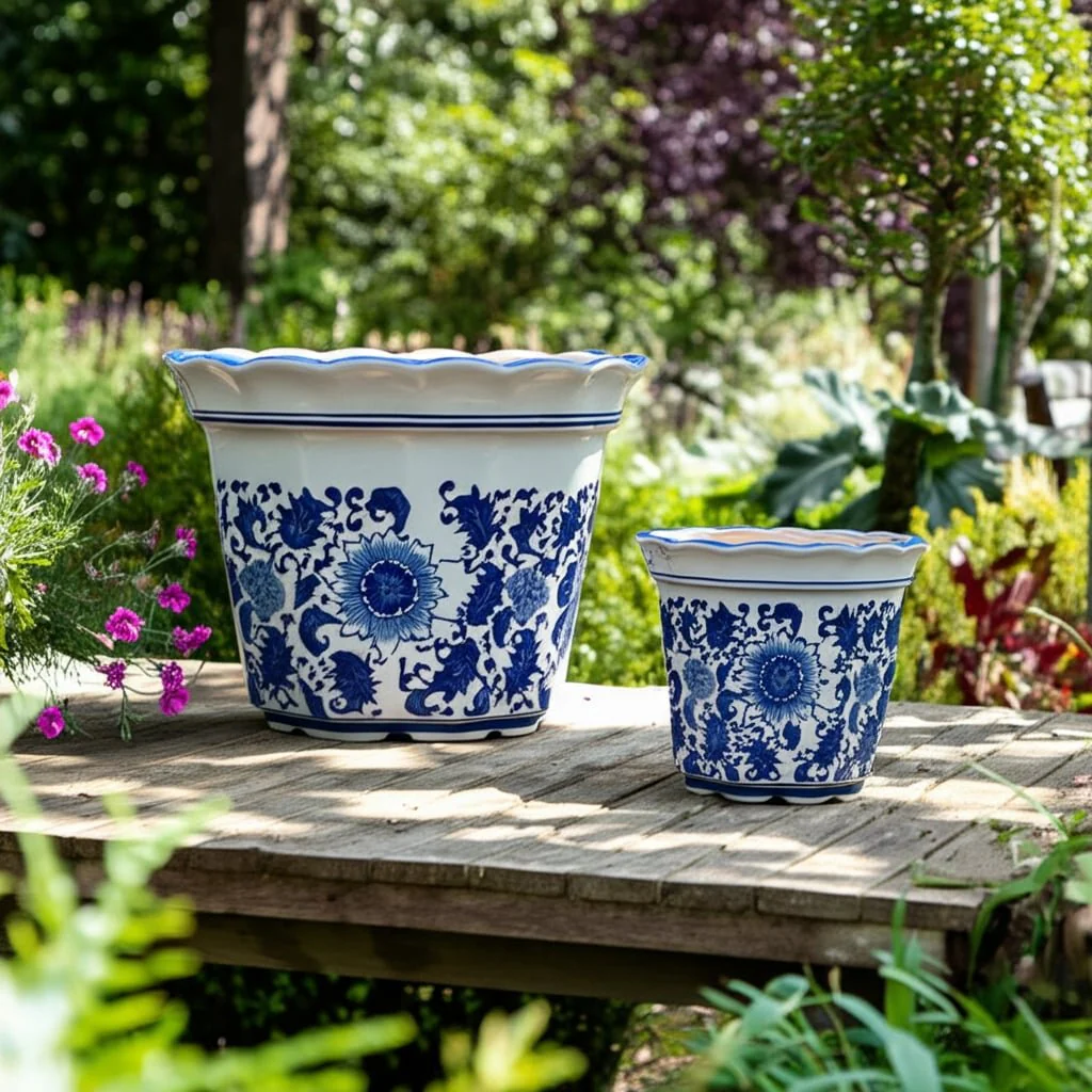 S/2 10/12" Chinoiserie Pot Planters, Blue/wht - Image 11