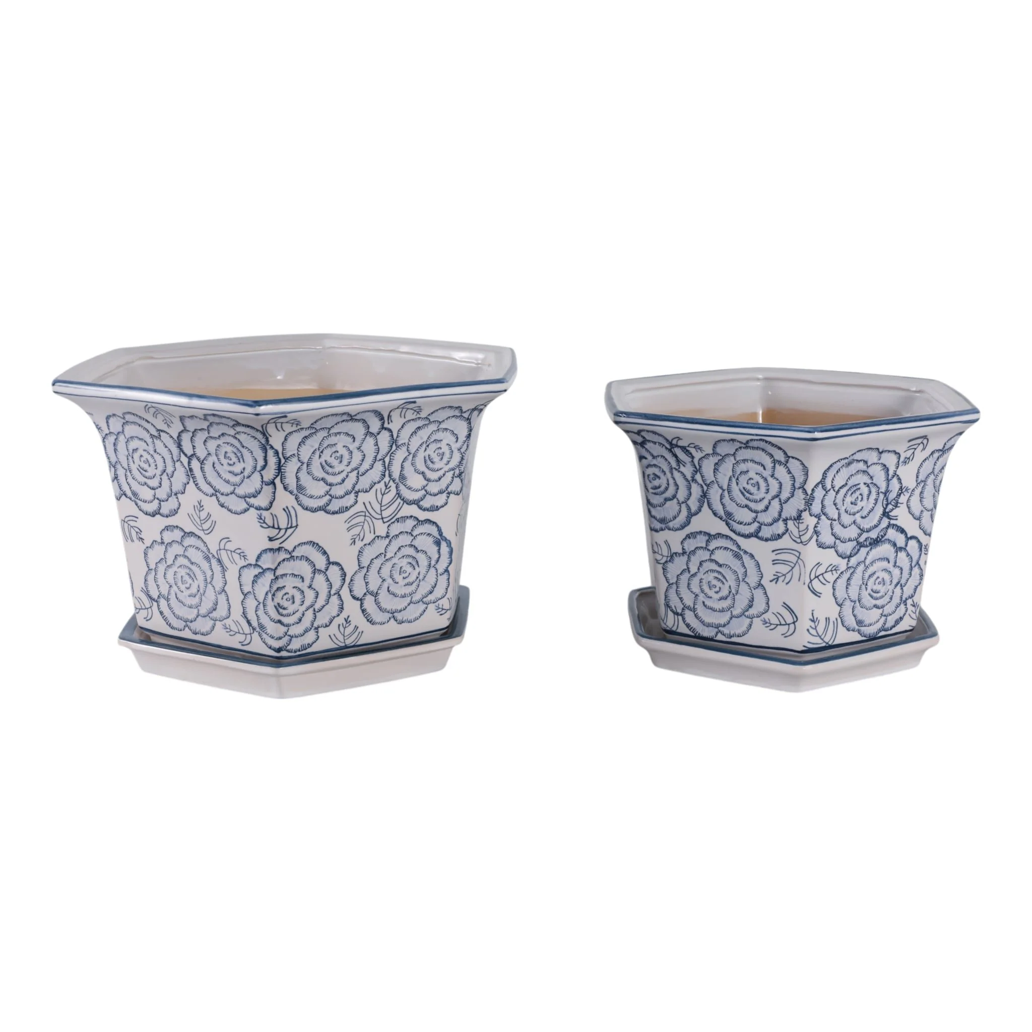 S/2 10/12" Chinoiserie Saucer Planter, Blue/white - Image 3