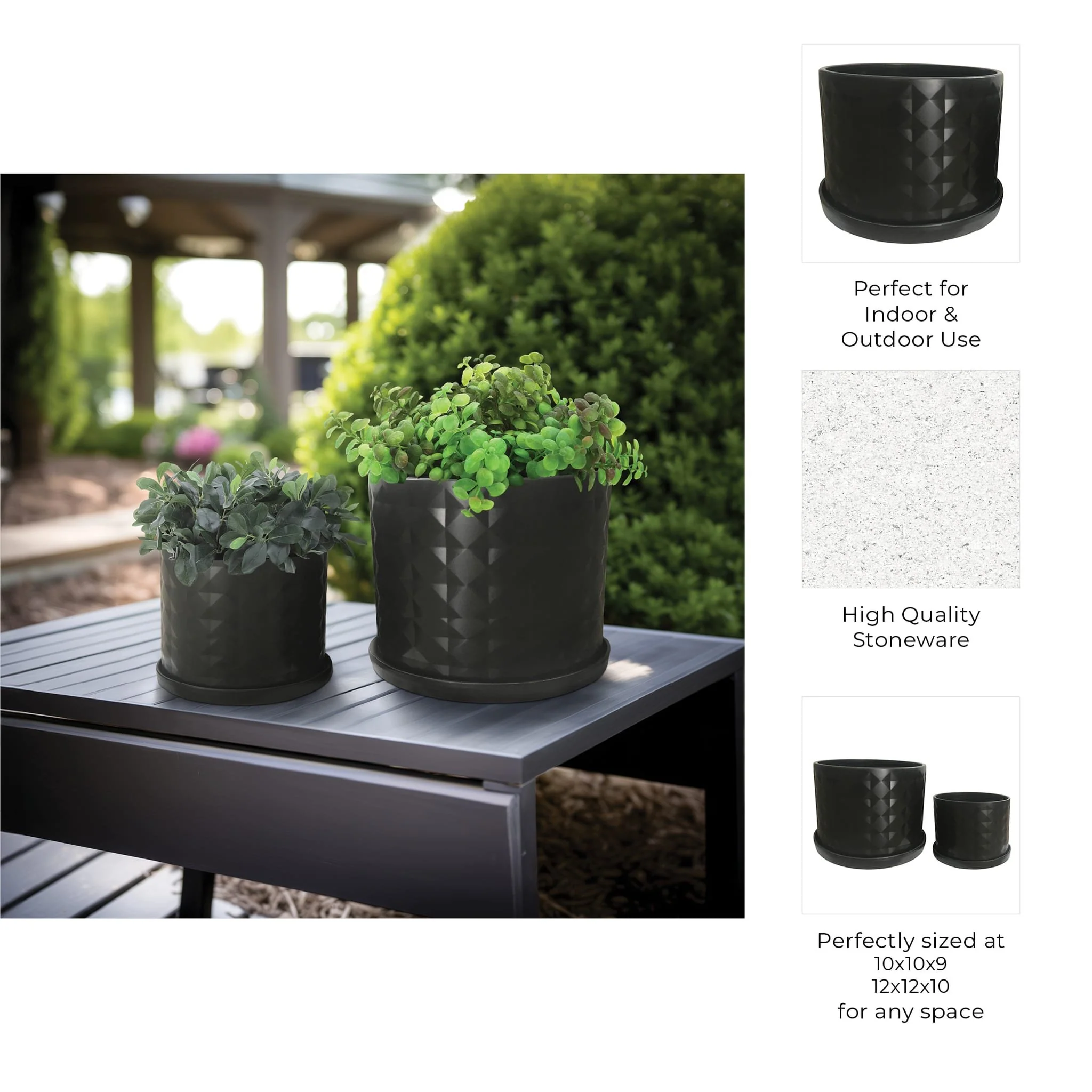 S/2 10/12" Diamond Planter W/ Saucer, Black - Image 6