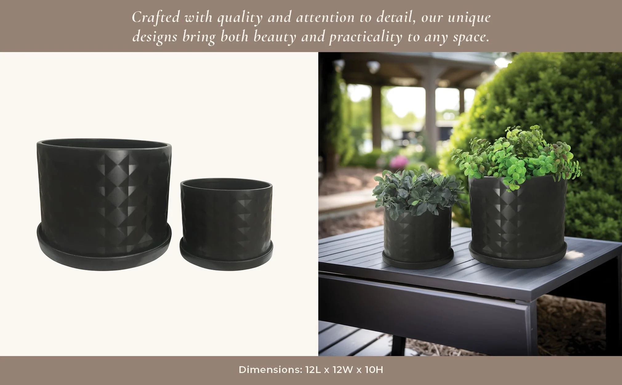 S/2 10/12" Diamond Planter W/ Saucer, Black - Image 8