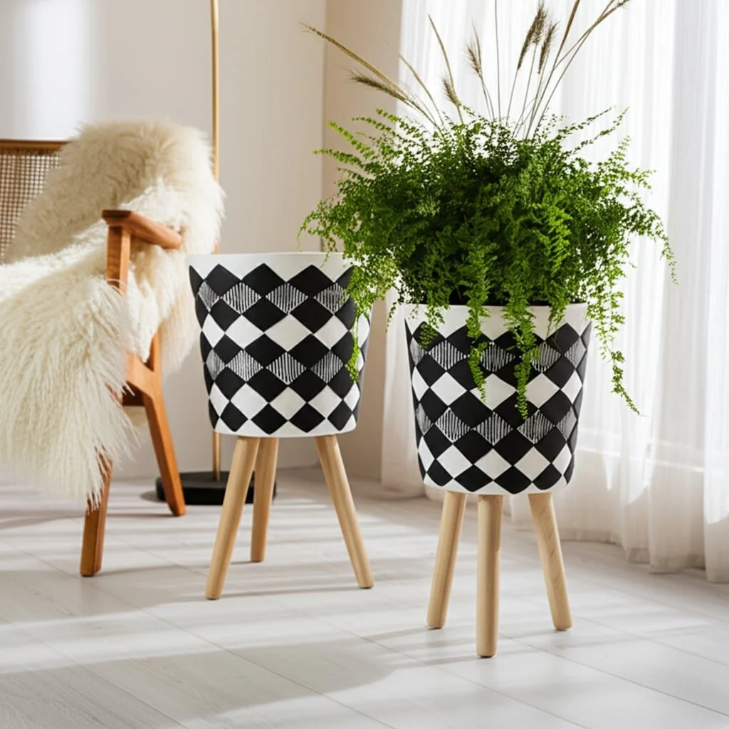 S/2 10/12" Diamond Planter W/ Wood Legs, Black(kd) - Image 13