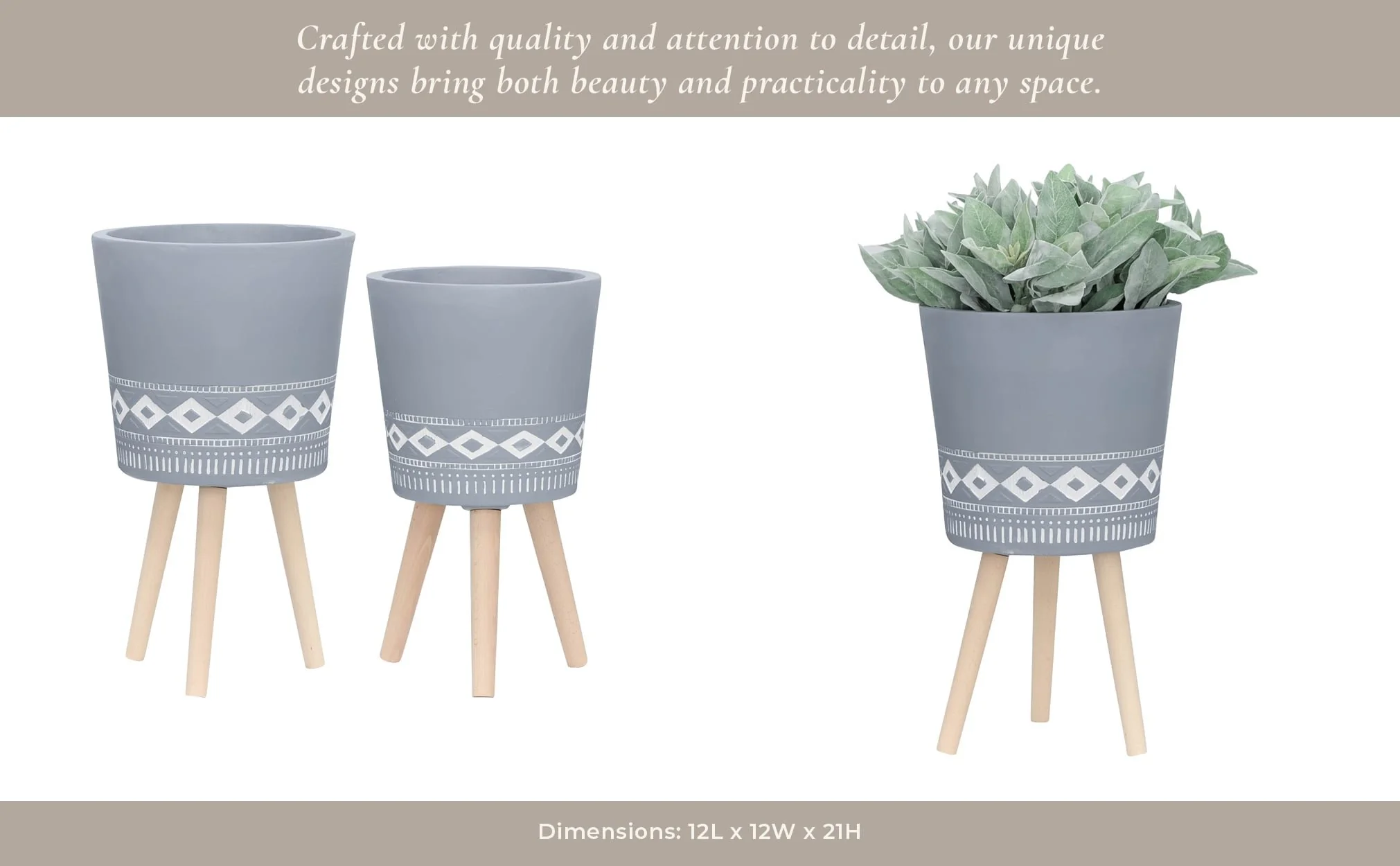 S/2 10/12" Diamond Planter W/ Wood Legs, Gray (kd) - Image 13