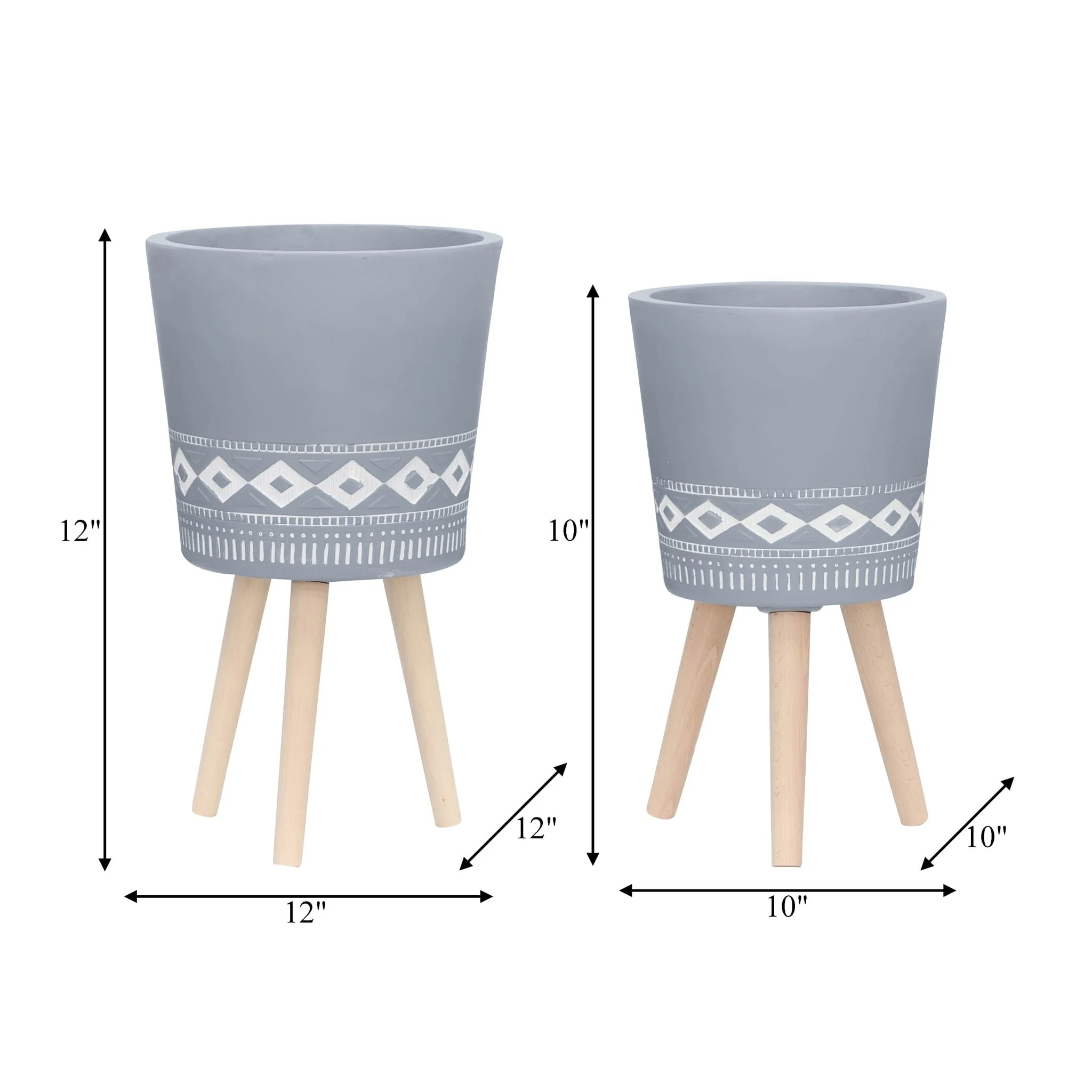 S/2 10/12" Diamond Planter W/ Wood Legs, Gray (kd) - Image 8