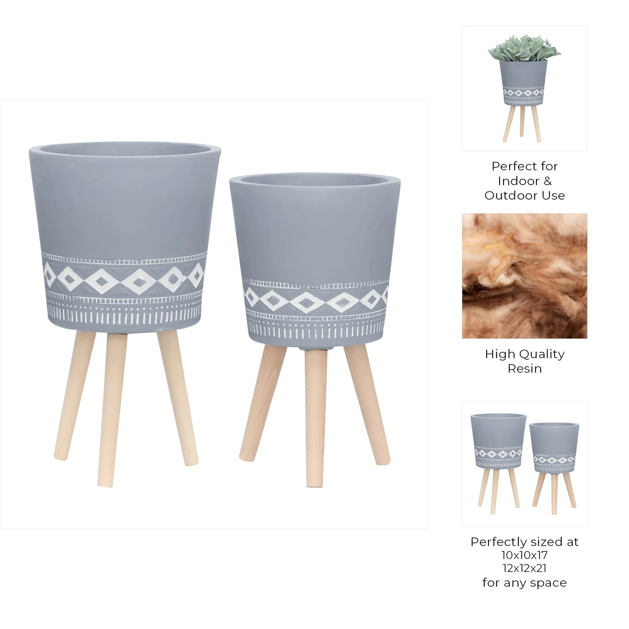S/2 10/12" Diamond Planter W/ Wood Legs, Gray (kd) - Image 9