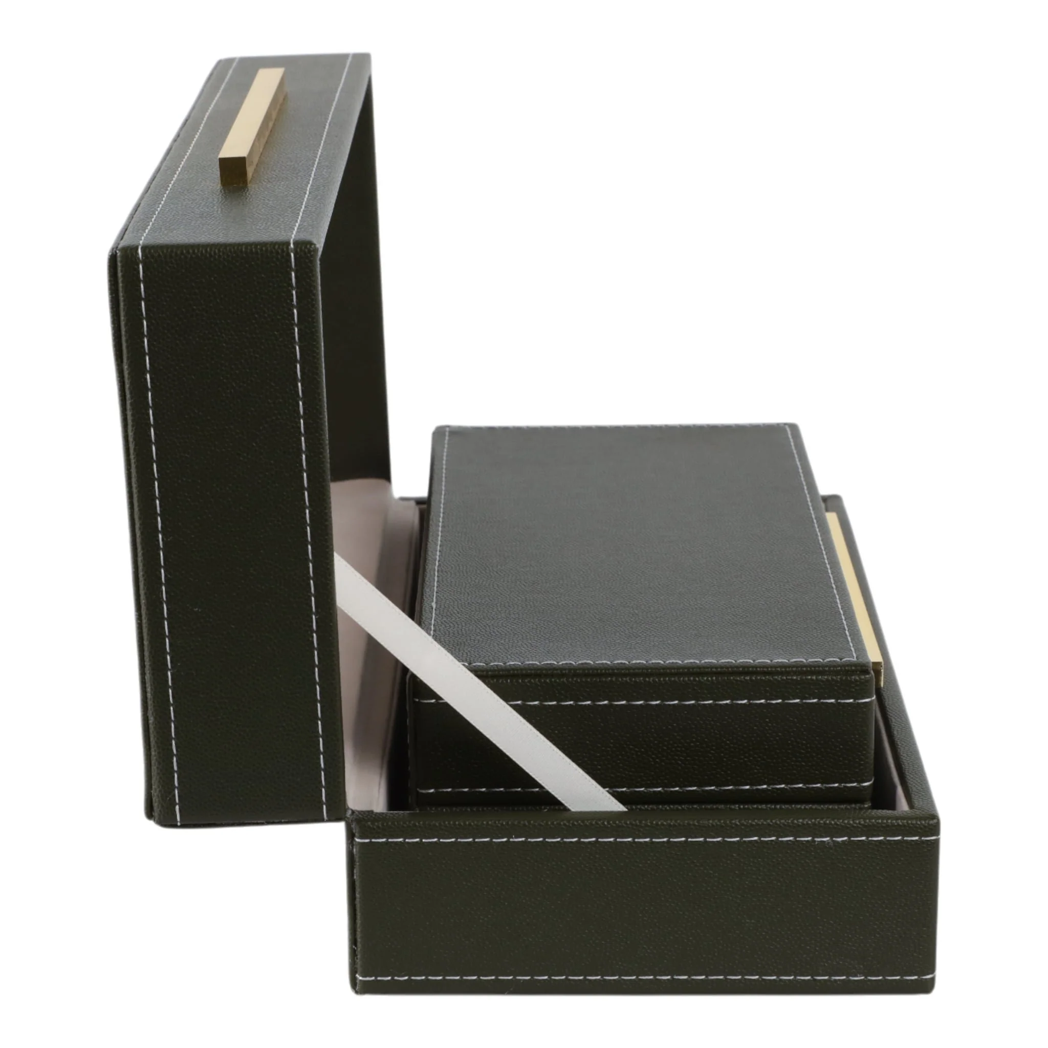 S/2 10/12" Faux Leather Stitched Edge Boxes Green - Image 2