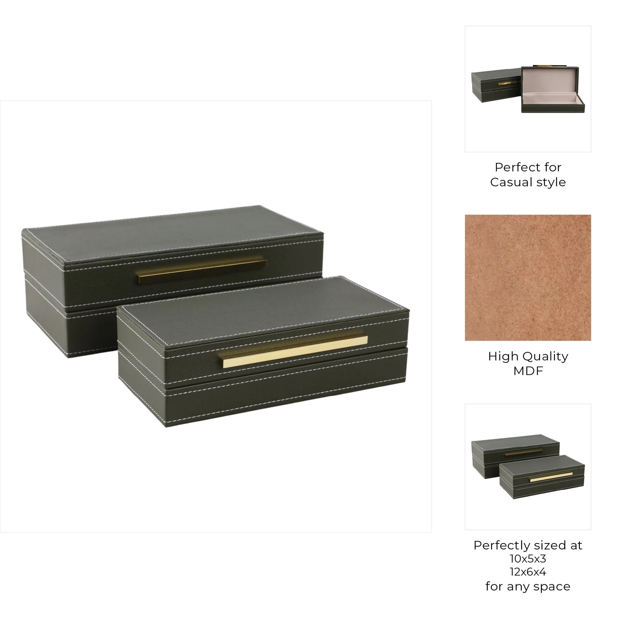 S/2 10/12" Faux Leather Stitched Edge Boxes Green - Image 6
