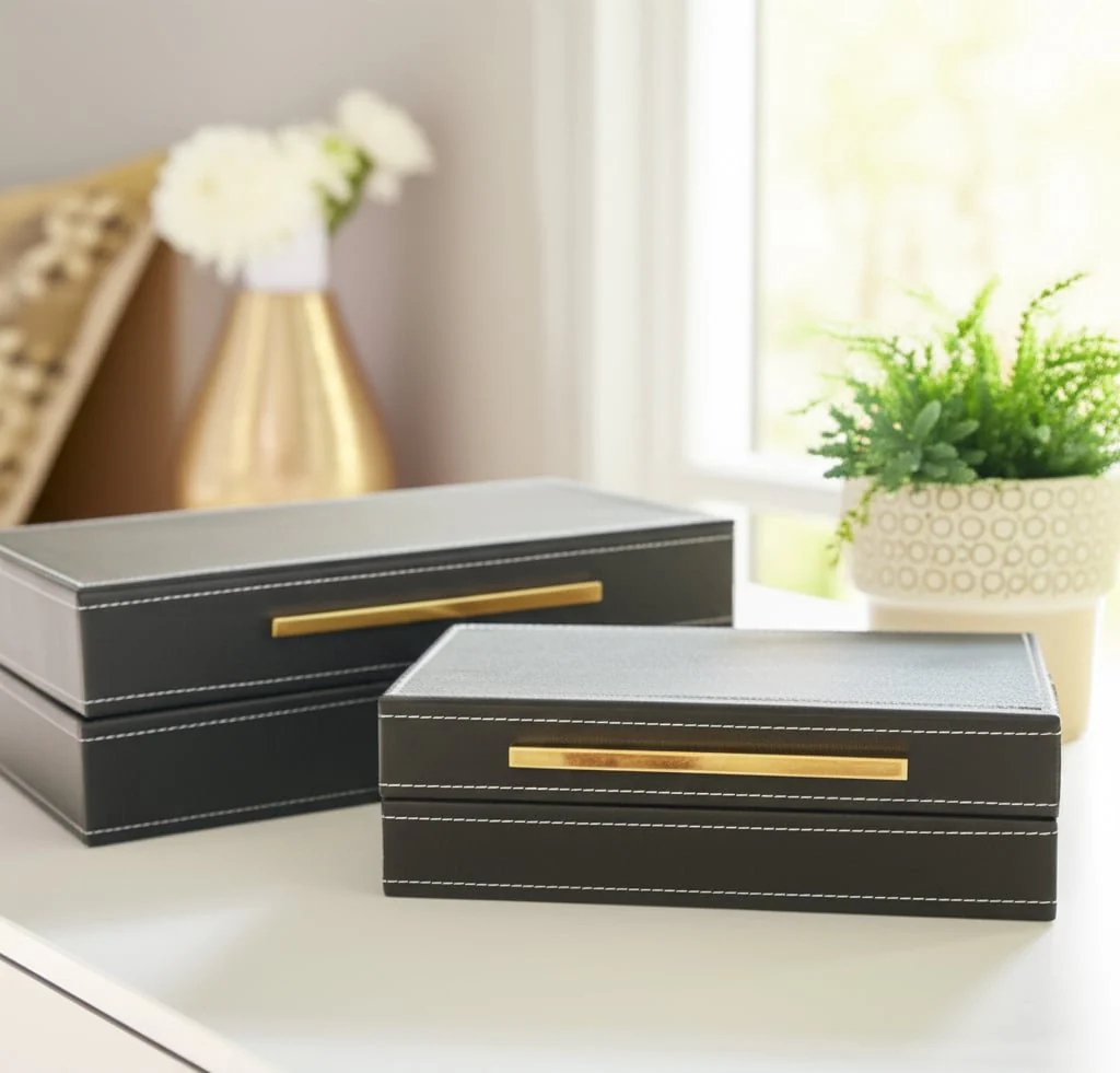 S/2 10/12" Faux Leather Stitched Edge Boxes Green - Image 8