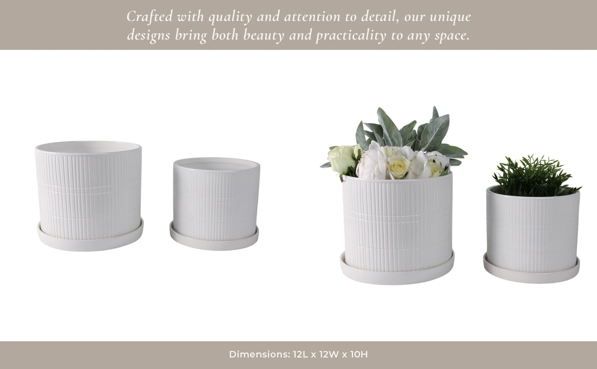 S/2 10/12" Line Textured Planter, White - Image 13