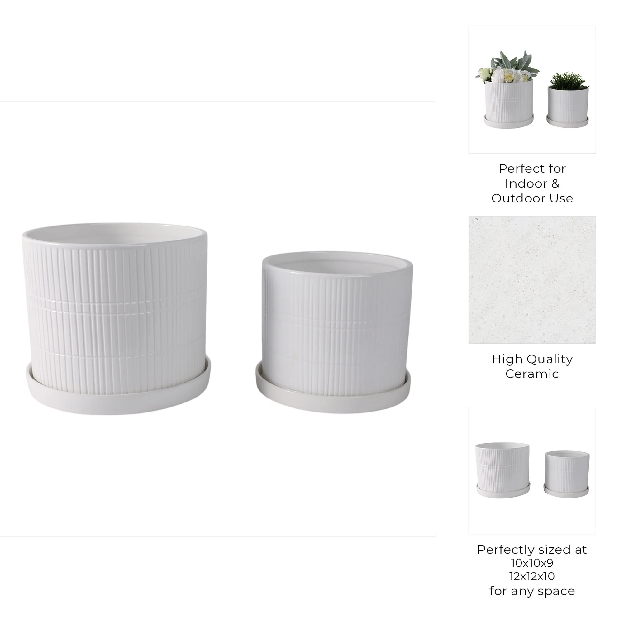 S/2 10/12" Line Textured Planter, White - Image 9