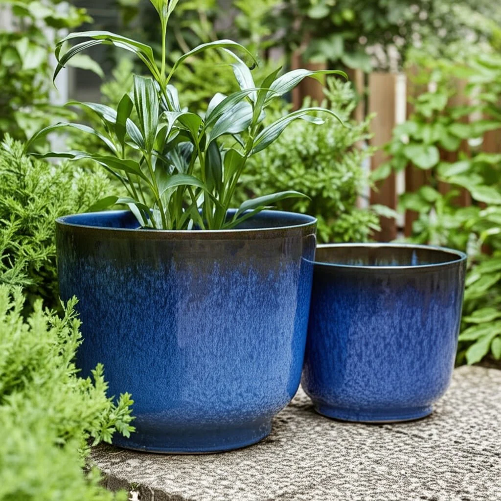 S/2 10/12" Reactive Glazed Planters, Blue - Image 11