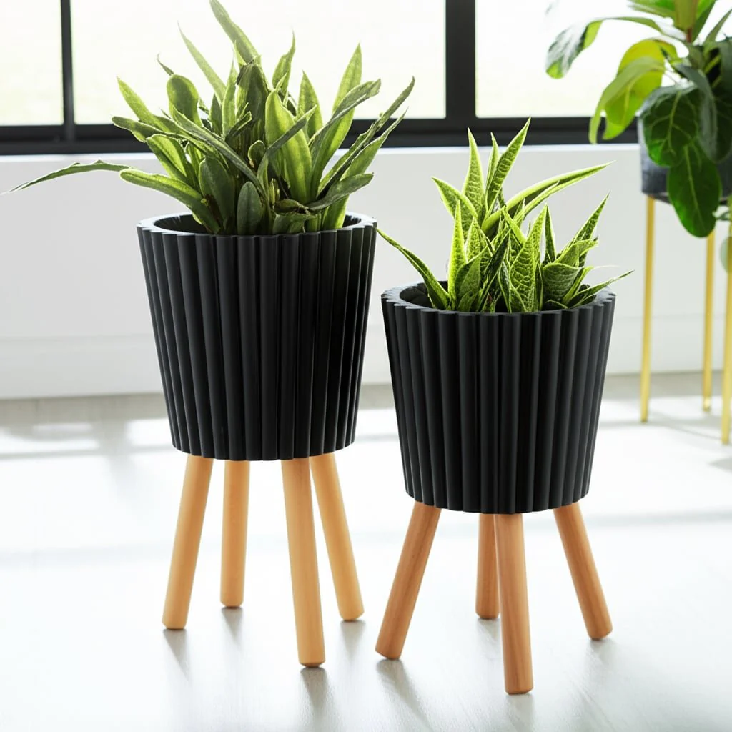 S/2 10/12" Ridged Planter W/ Wood Legs, Black (kd) - Image 11