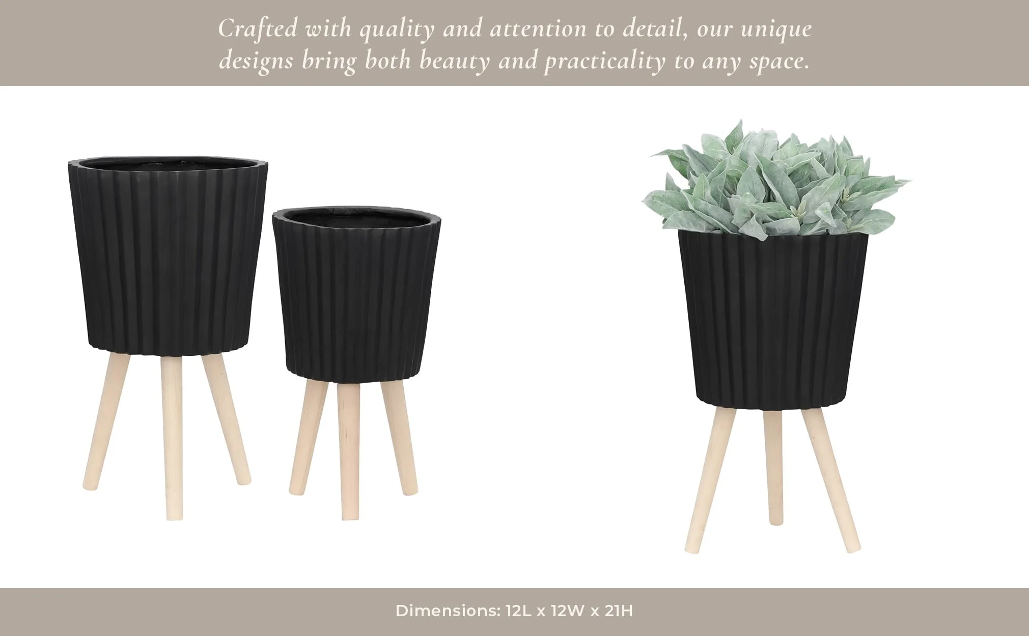 S/2 10/12" Ridged Planter W/ Wood Legs, Black (kd) - Image 12