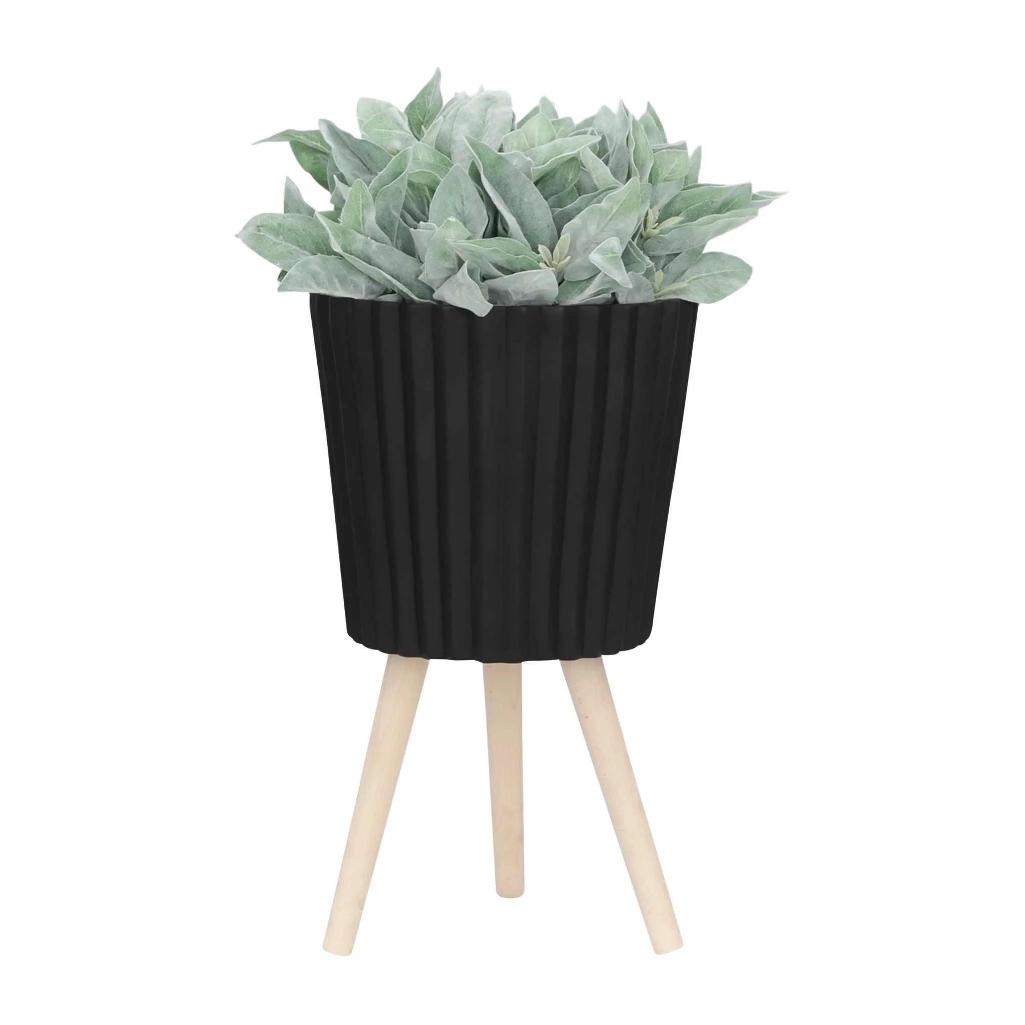 S/2 10/12" Ridged Planter W/ Wood Legs, Black (kd) - Image 2