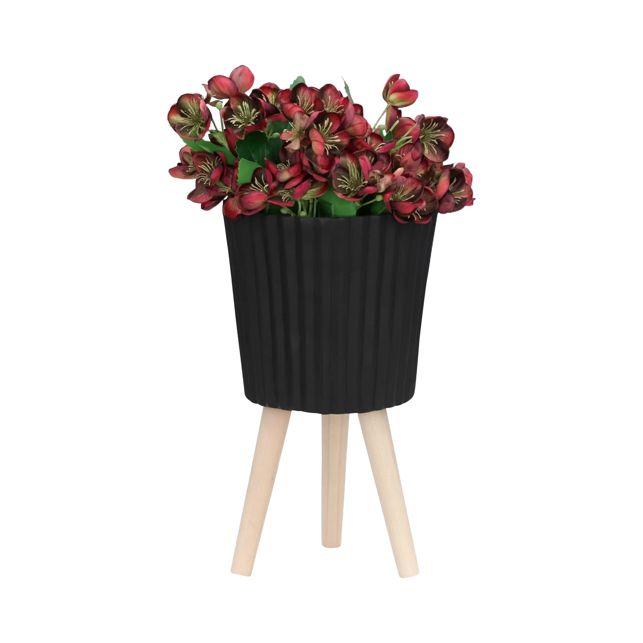 S/2 10/12" Ridged Planter W/ Wood Legs, Black (kd) - Image 3