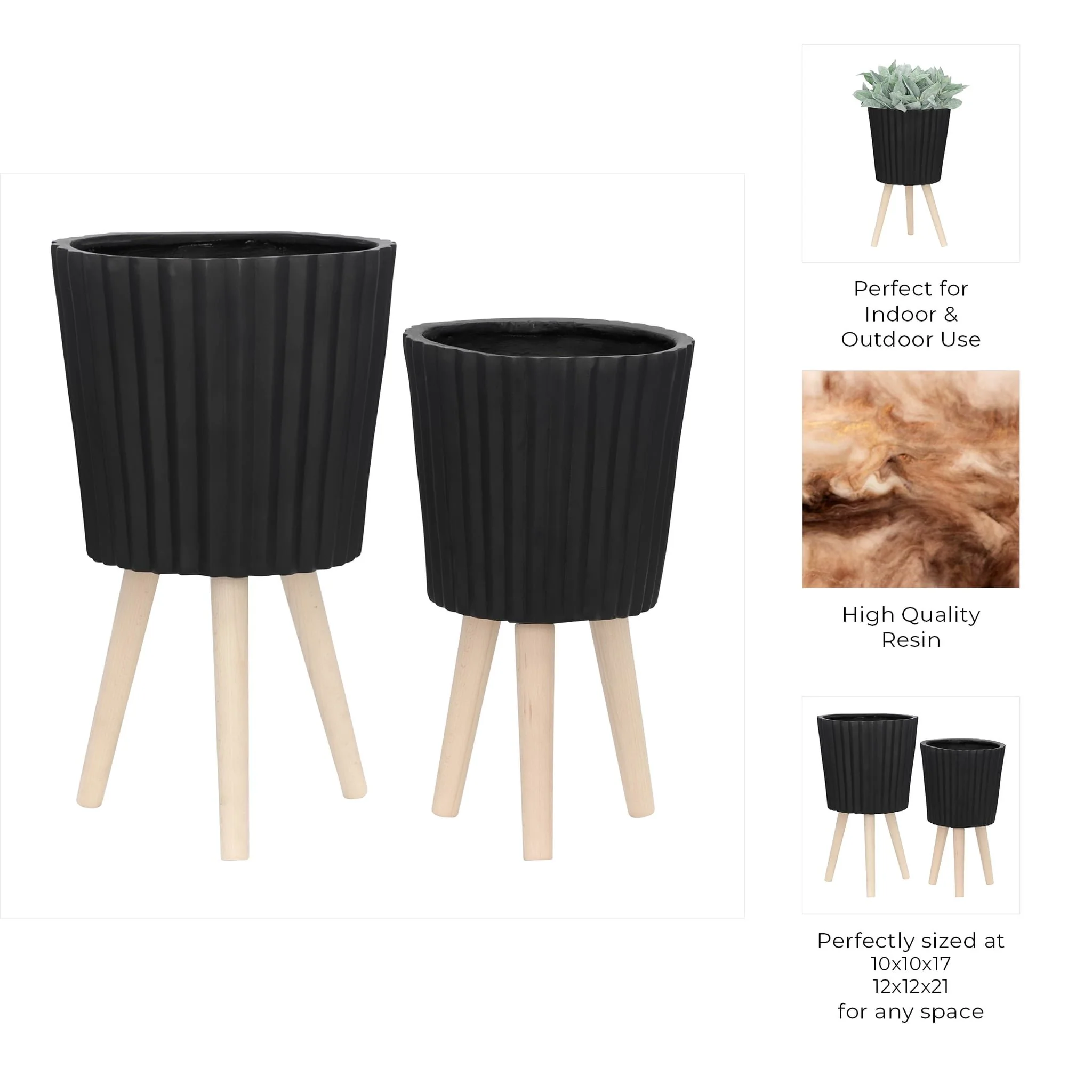 S/2 10/12" Ridged Planter W/ Wood Legs, Black (kd) - Image 9