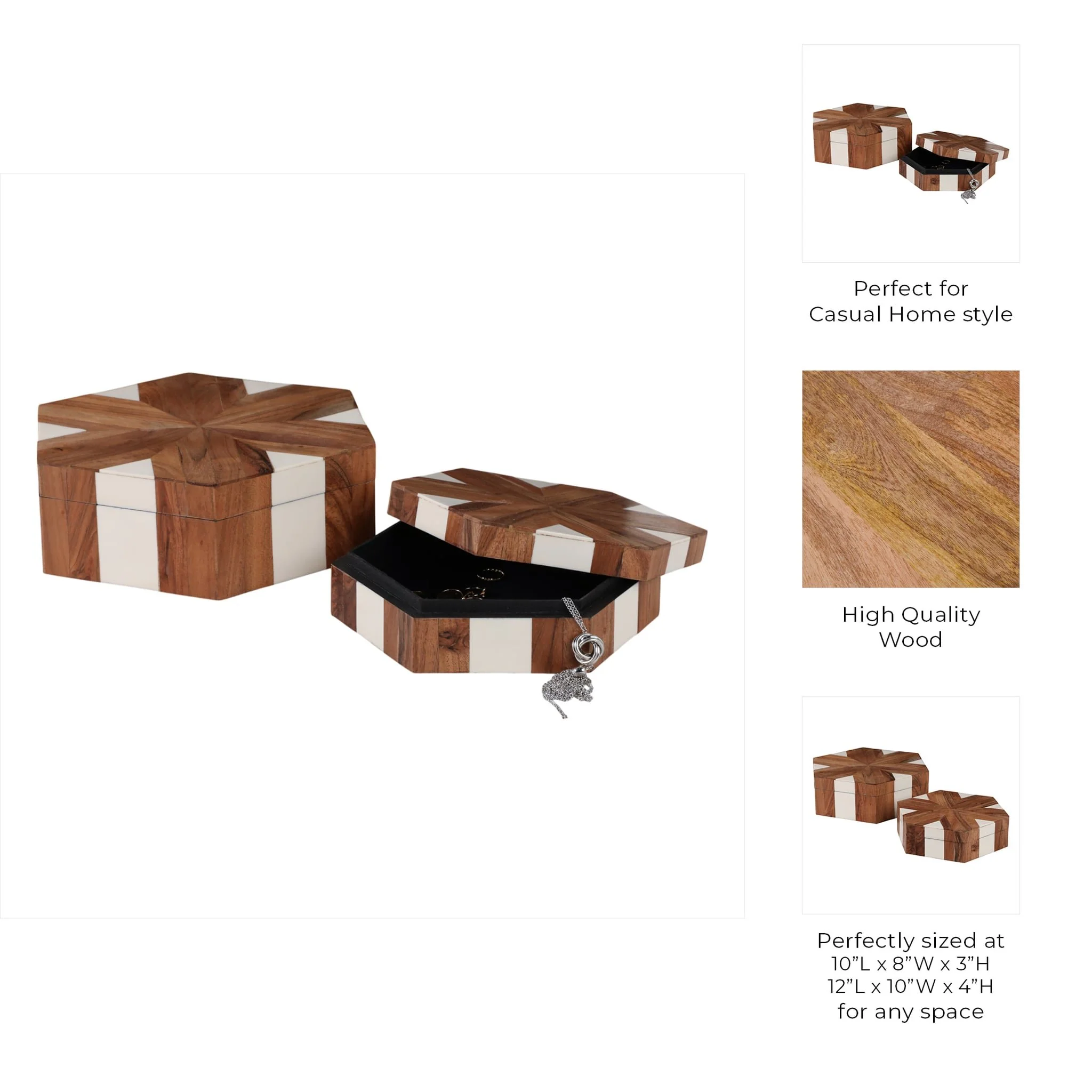 S/2 10/12" Wood Inlay Hexagon Boxes, Natural/white - Image 3