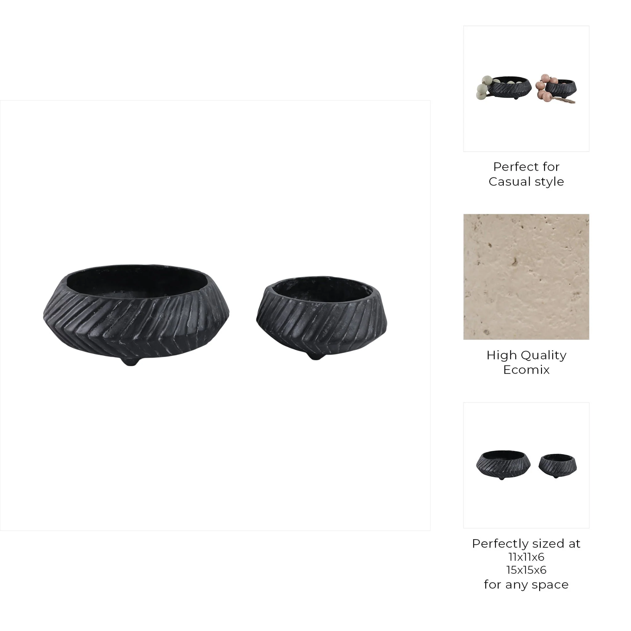 S/2 11/15" Tapered Ecomix Bowls With Lines, Black - Image 8