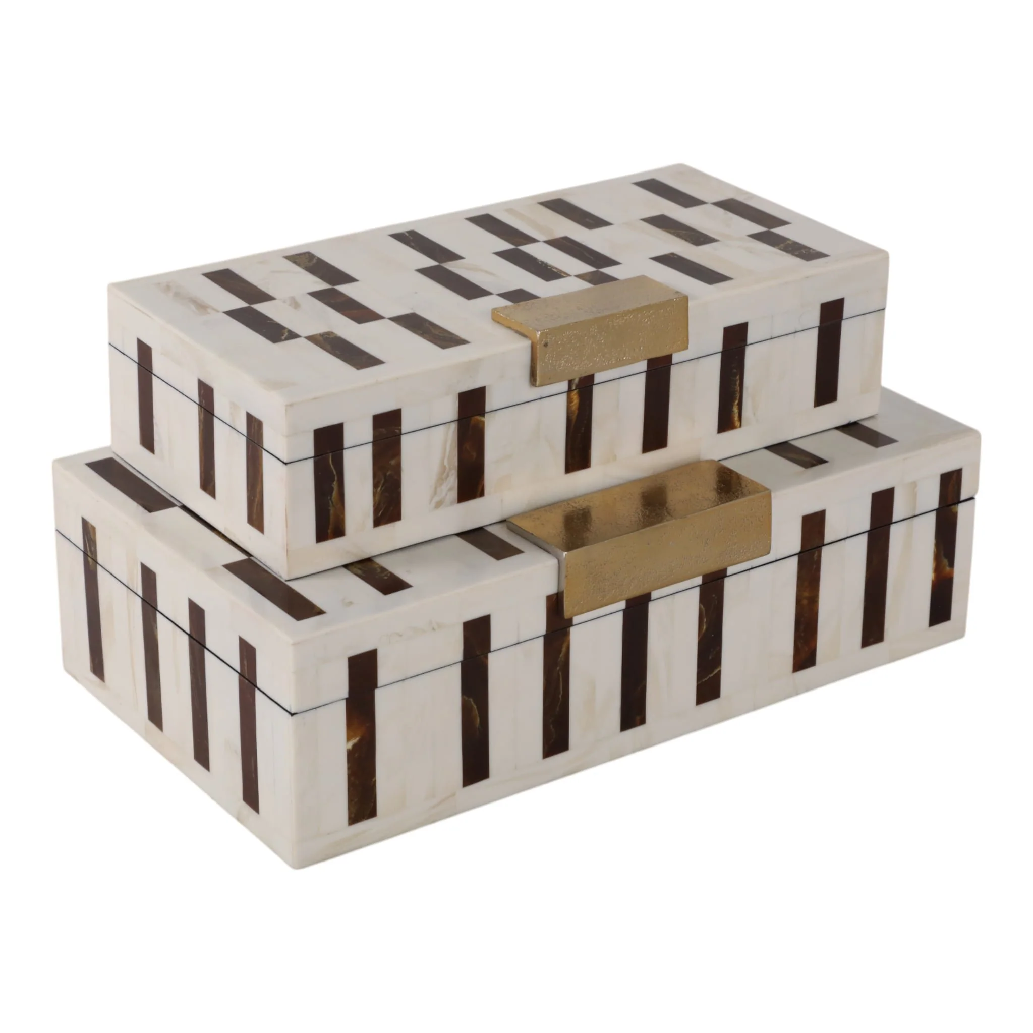 S/2 12/14" Boxes With Hardware, Brown/ivory - Image 3