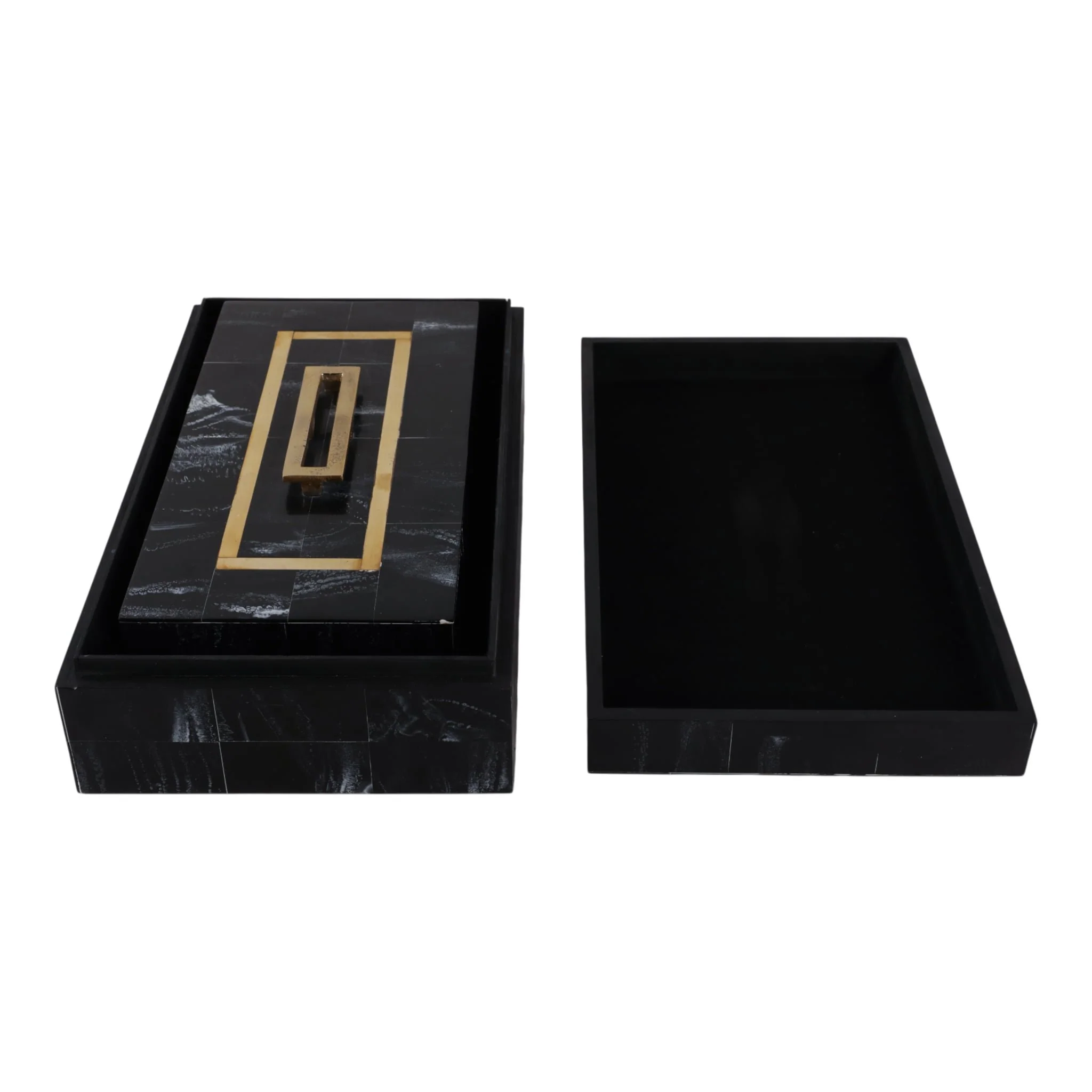 S/2 12/14" Brass Inlay Boxes With Hardware, Black - Image 2