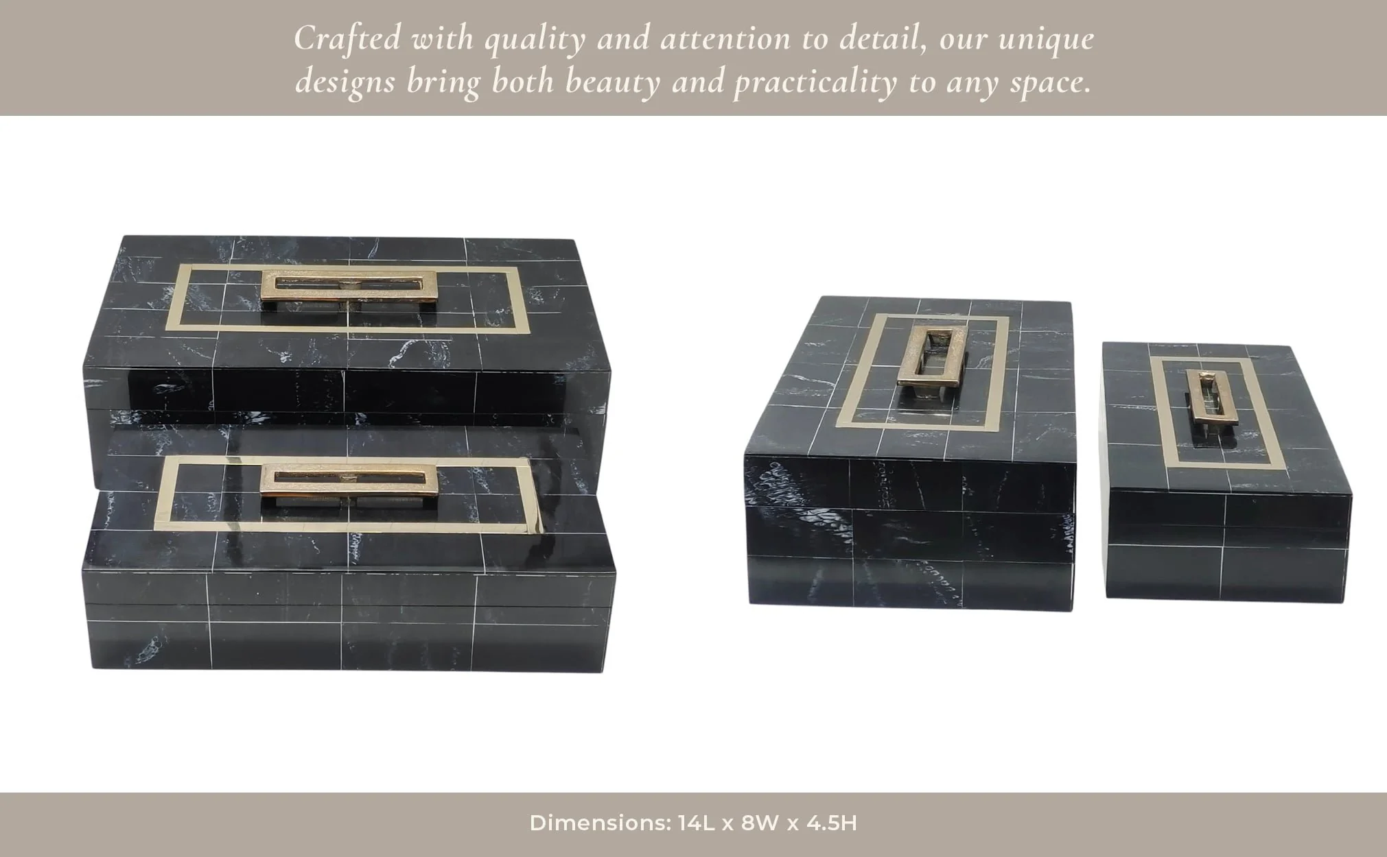 S/2 12/14" Brass Inlay Boxes With Hardware, Black - Image 4