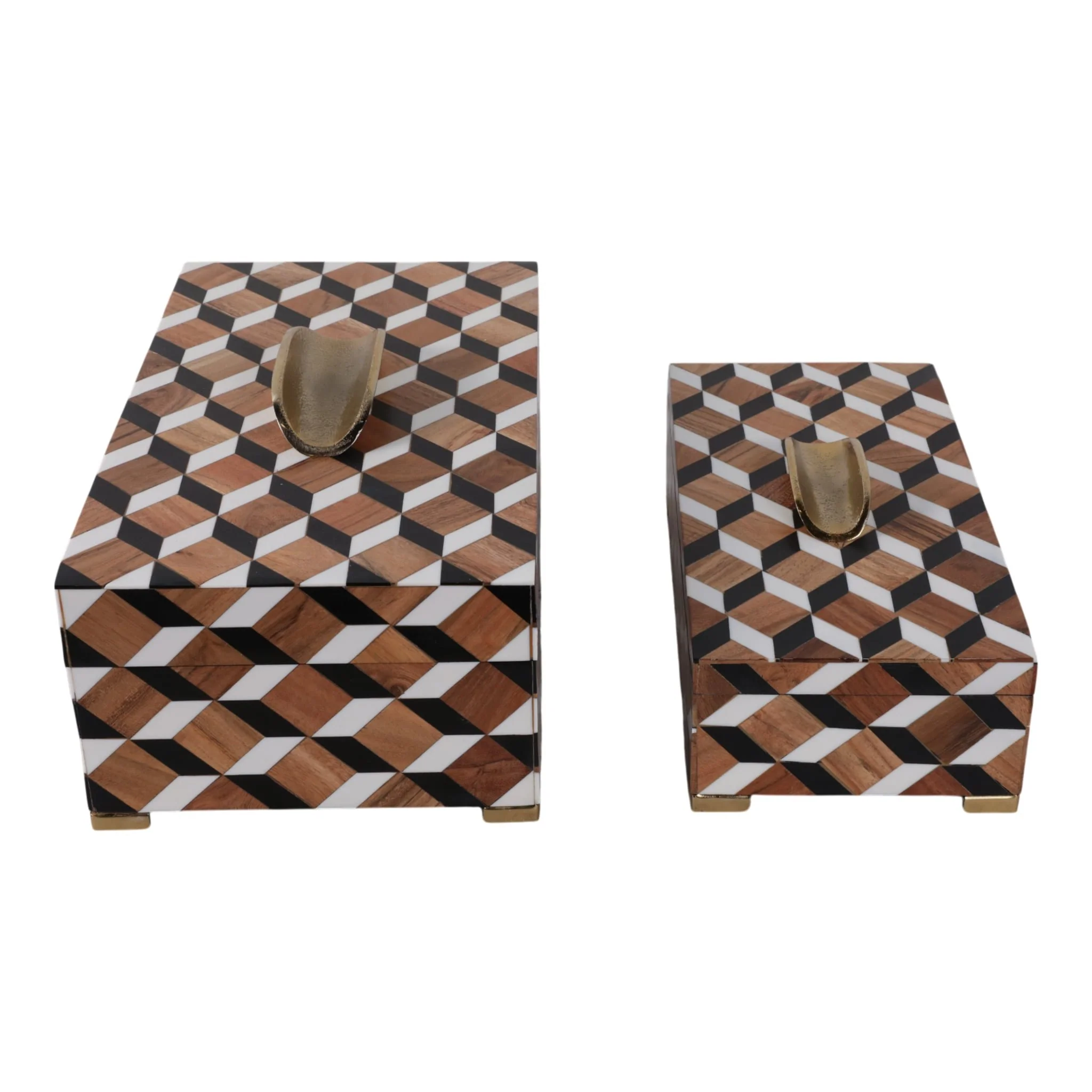 S/2 12/14" Geo Print Footed Boxes, Black/brown - Image 2