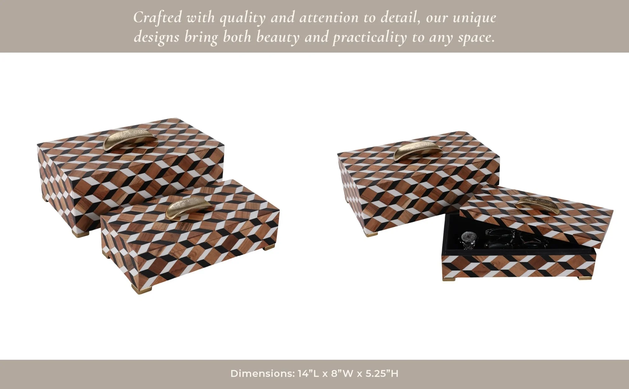 S/2 12/14" Geo Print Footed Boxes, Black/brown - Image 8