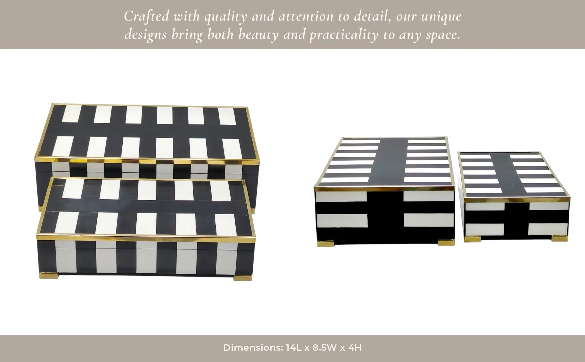 S/2 12/14" Gold Footed Boxes, Black/white - Image 4