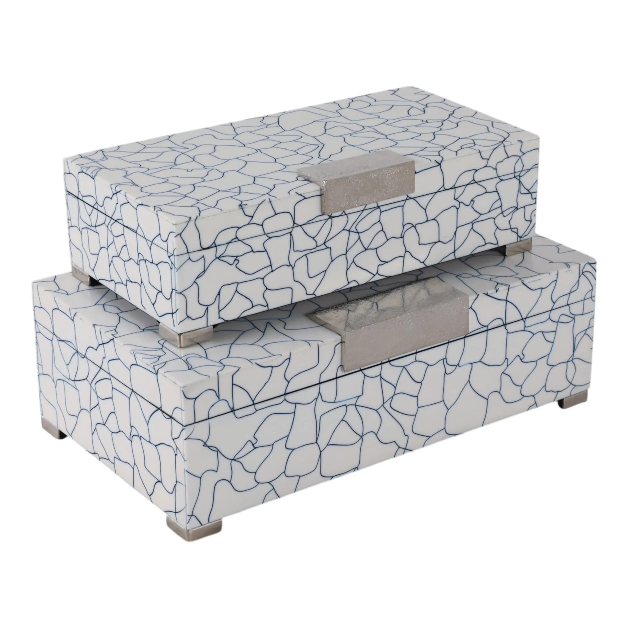 S/2 12/14" Squiggle Lines Footed Boxes, Navy/white - Image 3