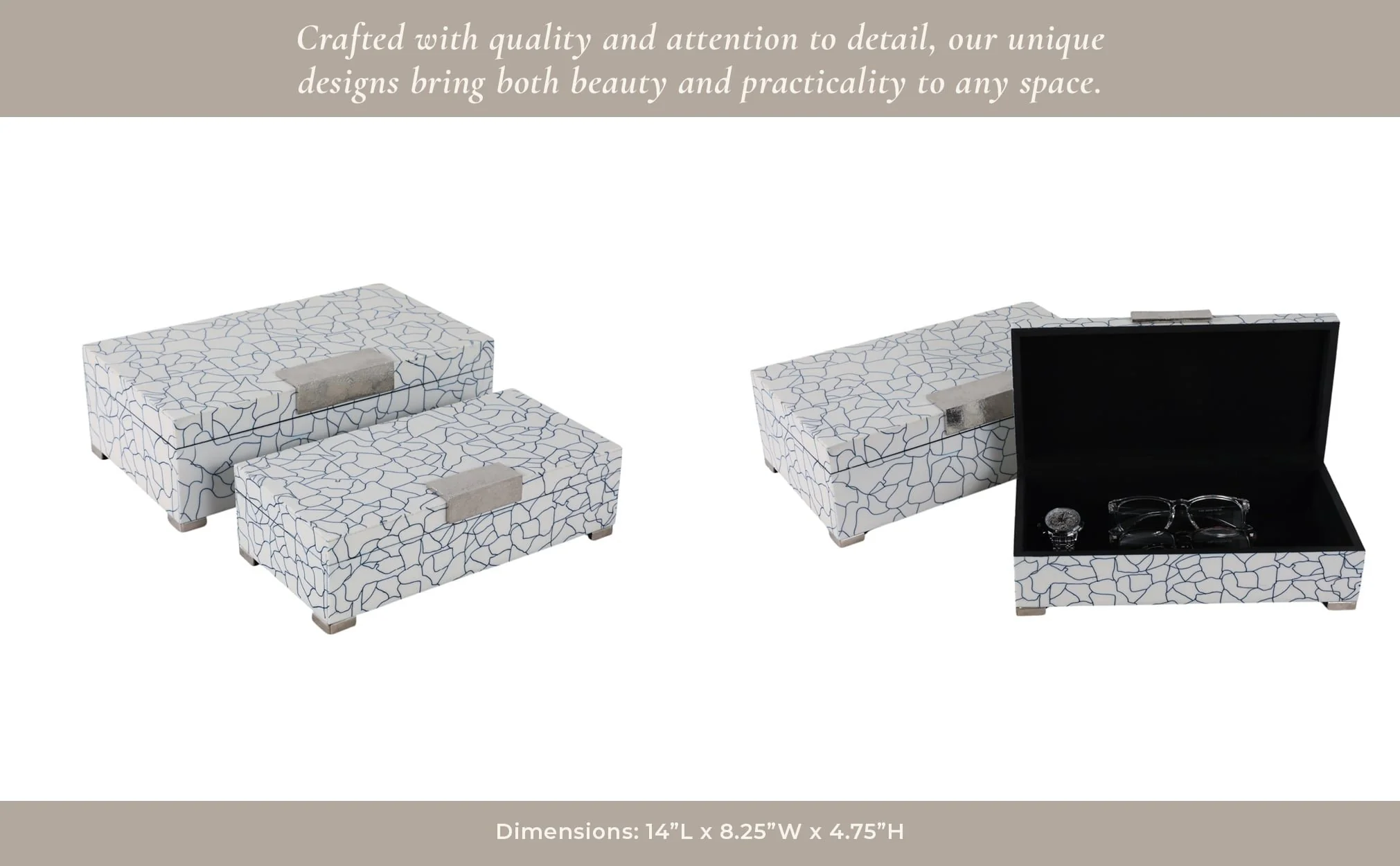 S/2 12/14" Squiggle Lines Footed Boxes, Navy/white - Image 8