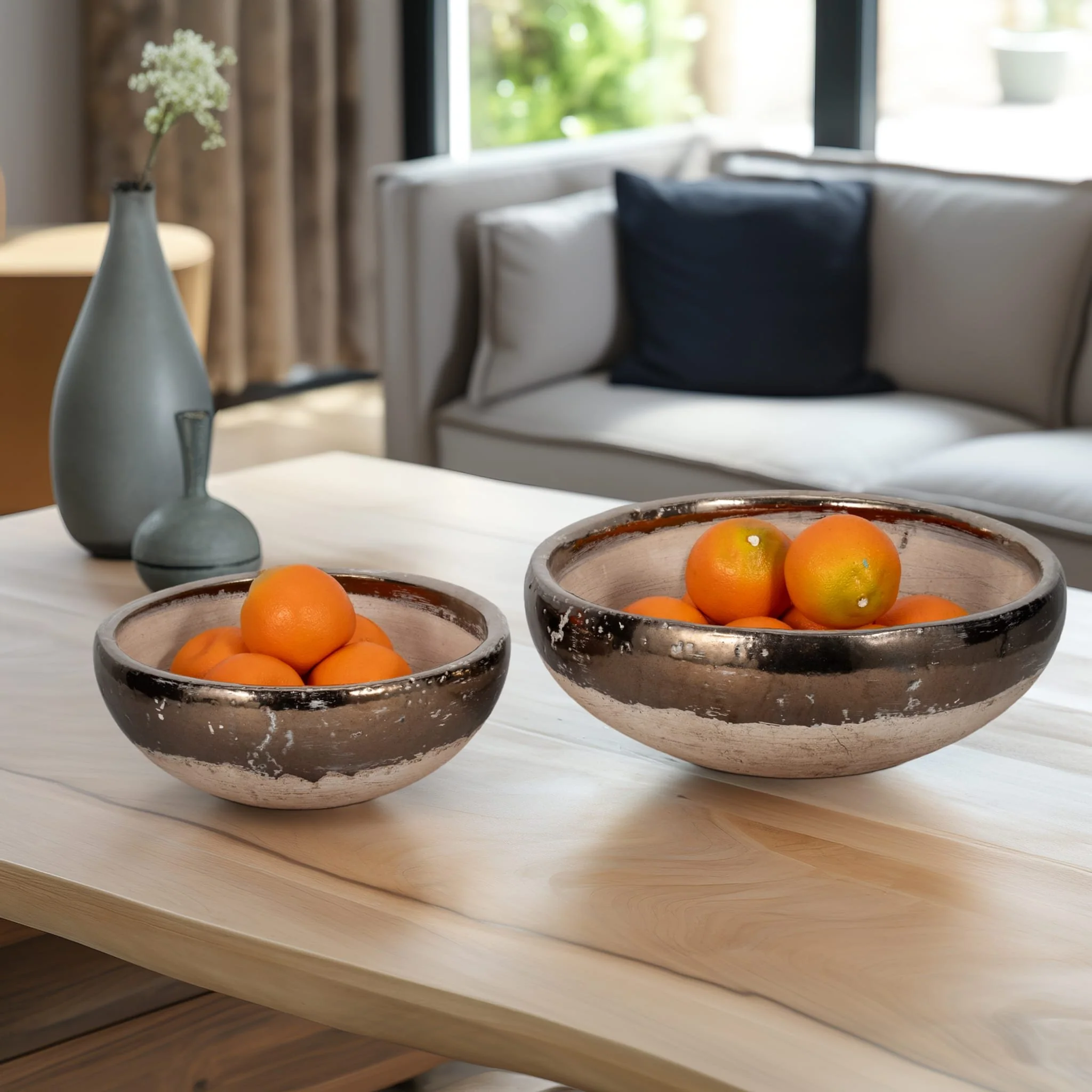 S/2 12/15" Gold Rim Bowls, Grey - Image 9