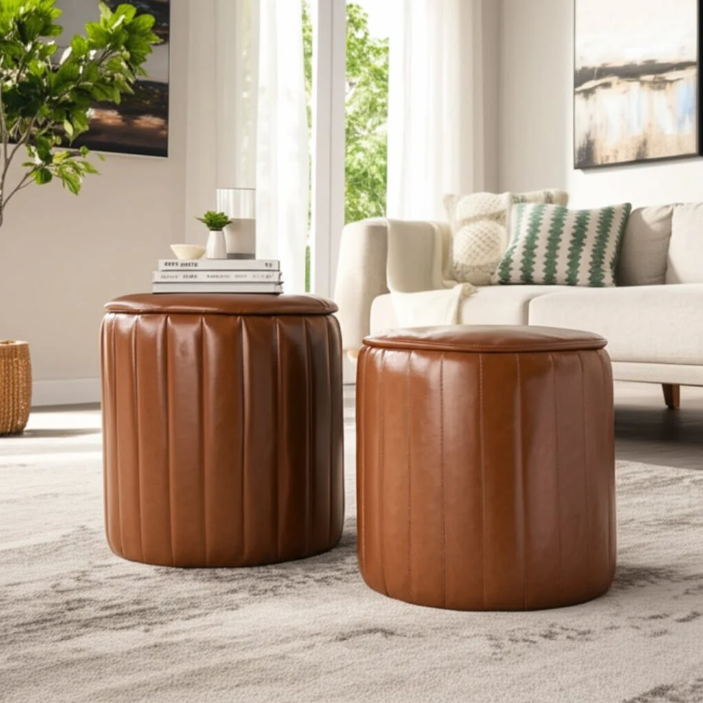S/2 15/18" Channeled Faux Leather Ottoman, Brown - Image 11