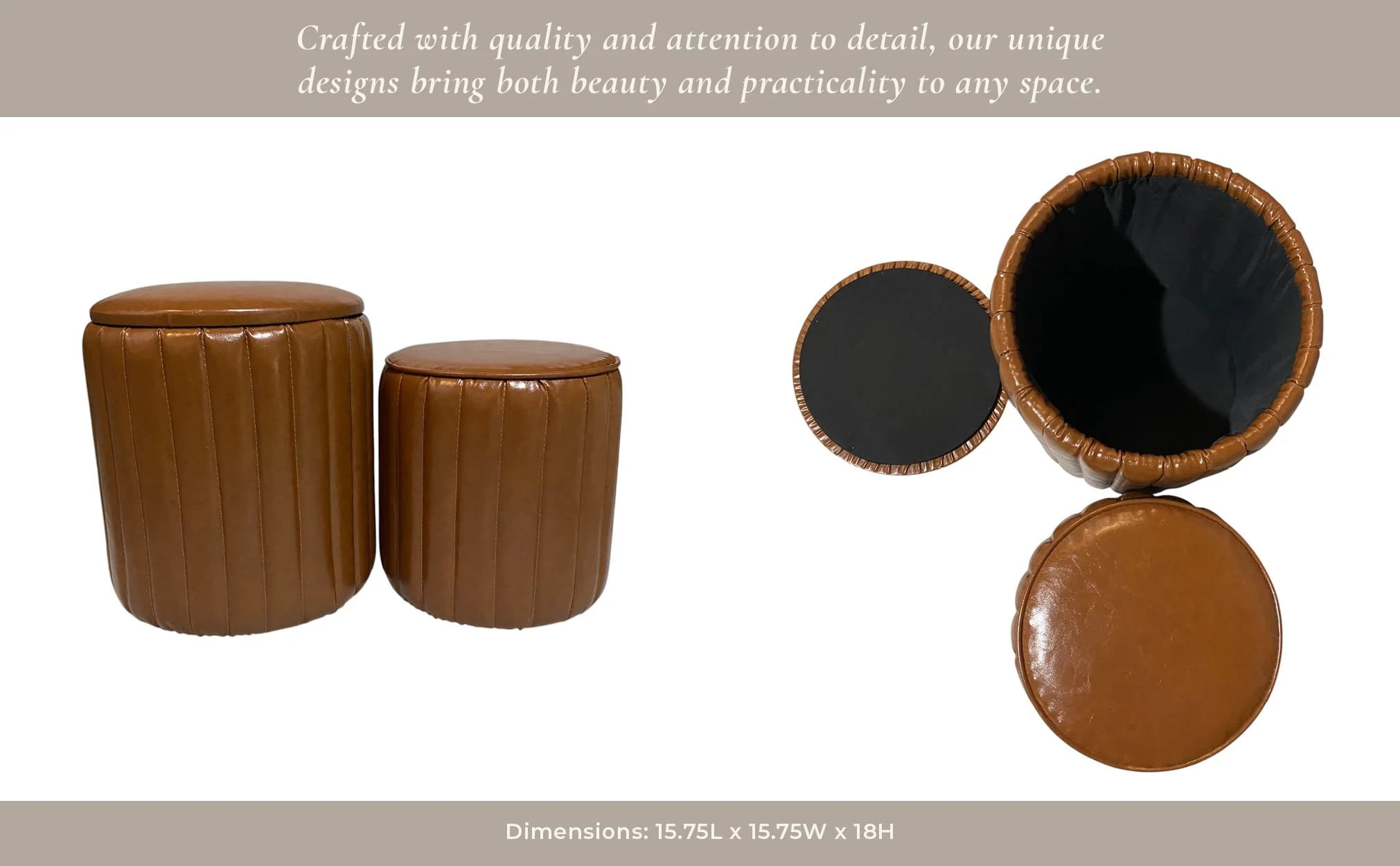 S/2 15/18" Channeled Faux Leather Ottoman, Brown - Image 12