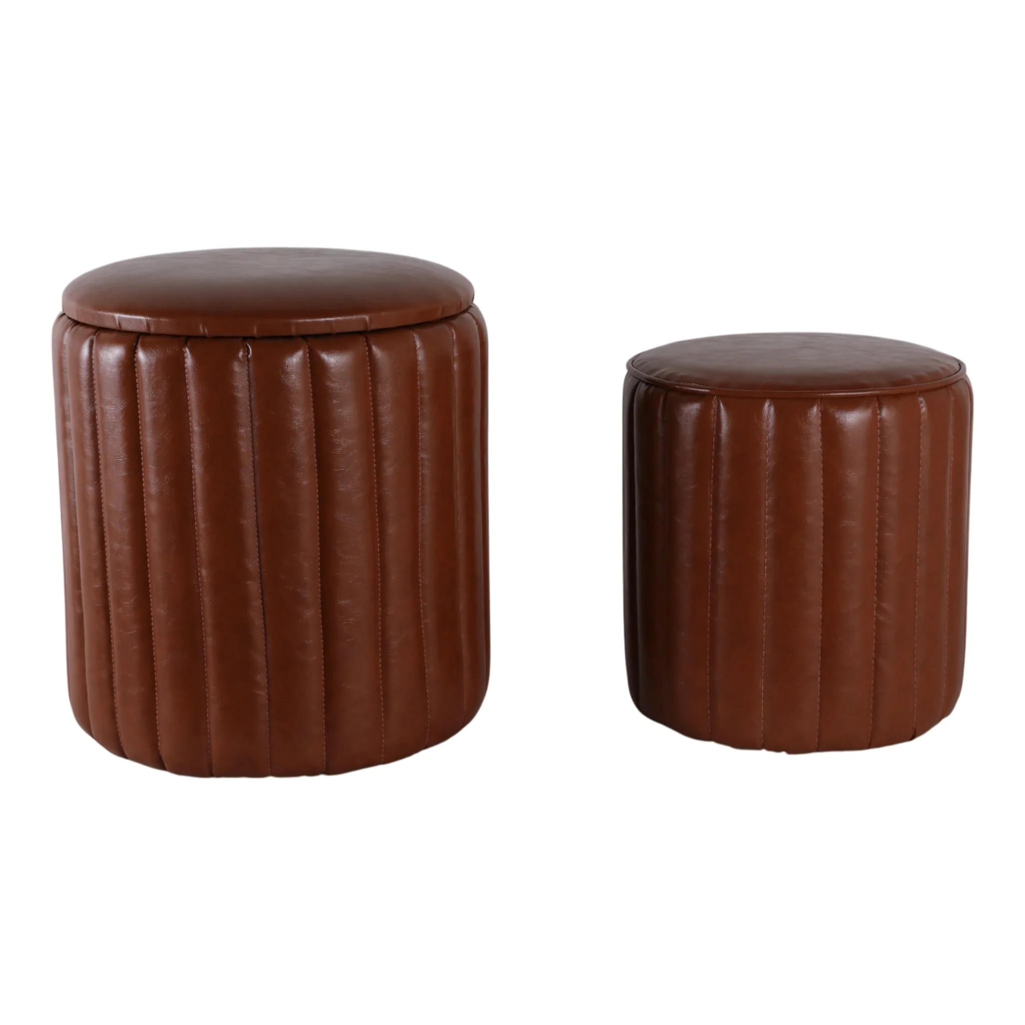 S/2 15/18" Channeled Faux Leather Ottoman, Brown - Image 2