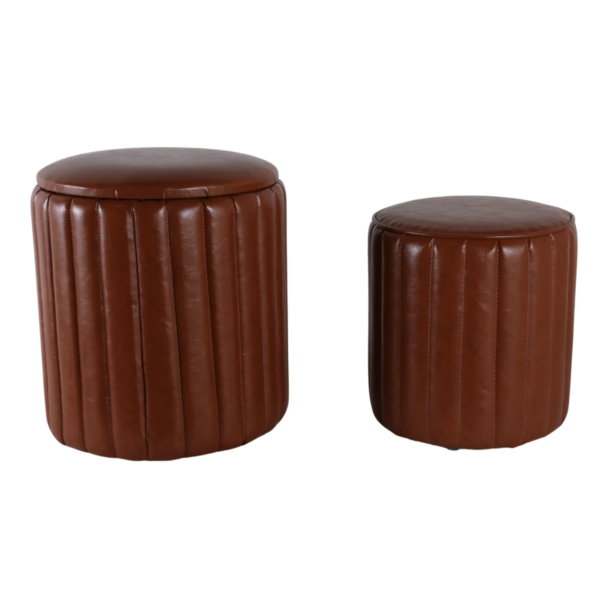 S/2 15/18" Channeled Faux Leather Ottoman, Brown - Image 4