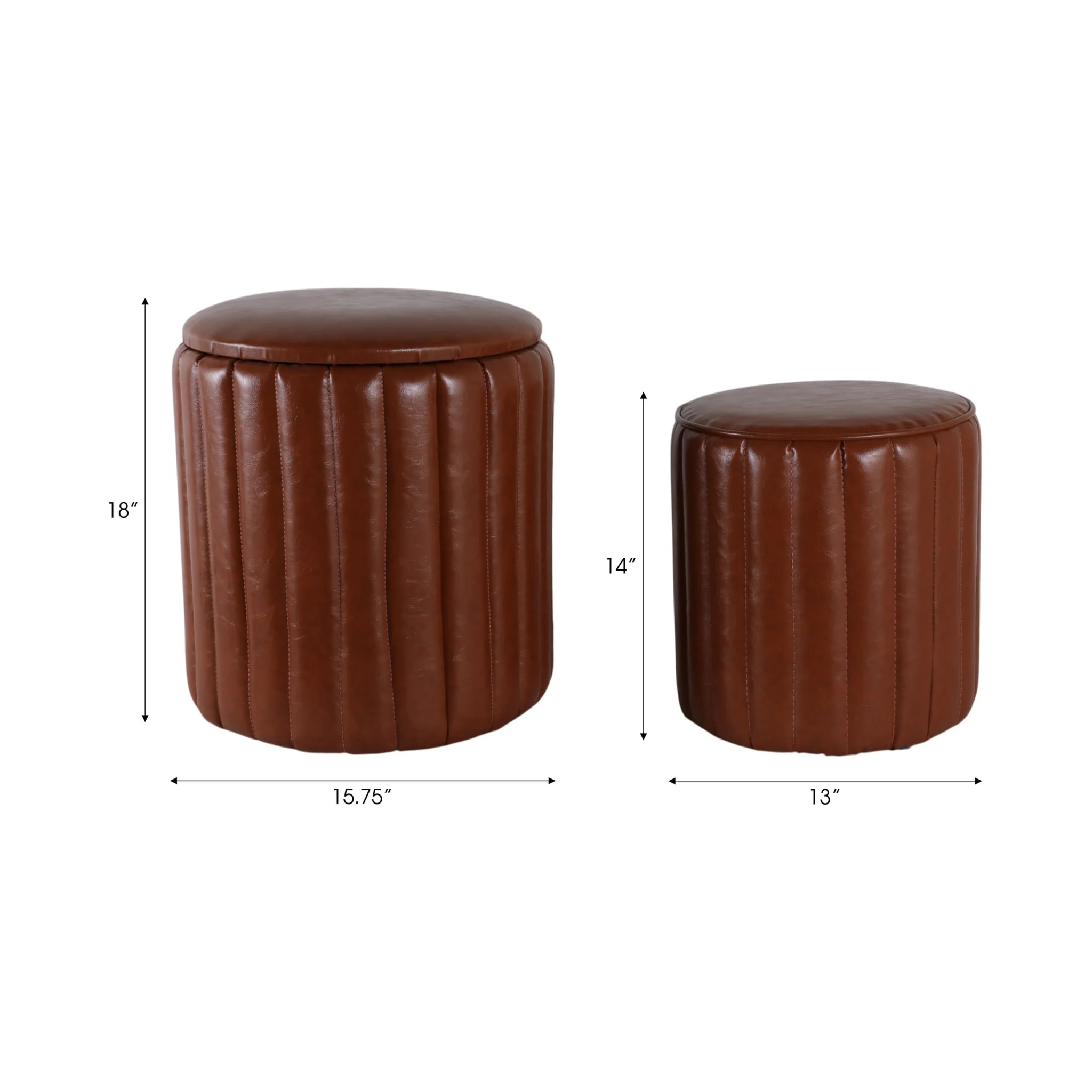 S/2 15/18" Channeled Faux Leather Ottoman, Brown - Image 8