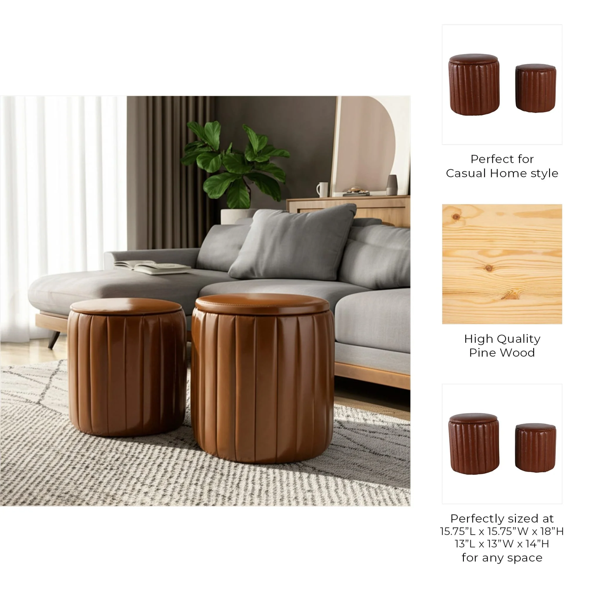 S/2 15/18" Channeled Faux Leather Ottoman, Brown - Image 9