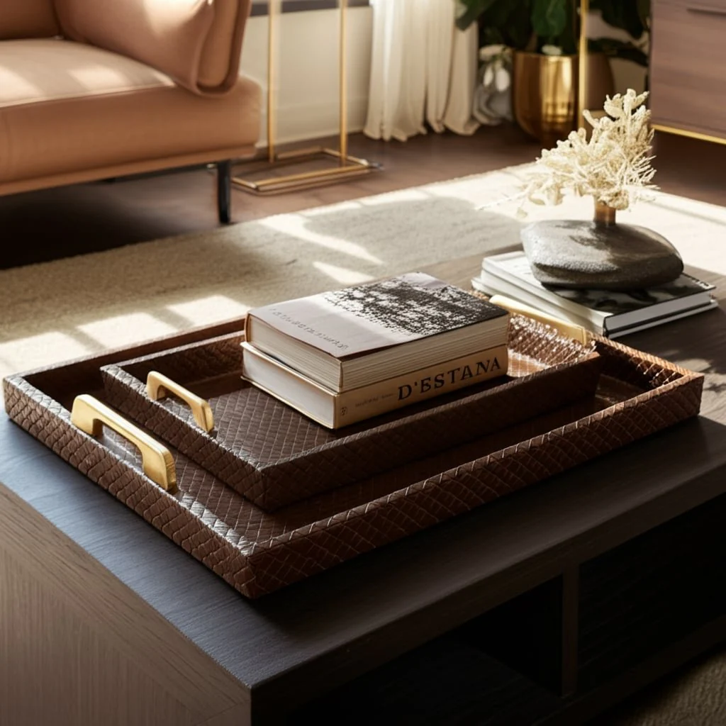S/2 16/18"l Faux Leather Weave Trays, Cognac - Image 13