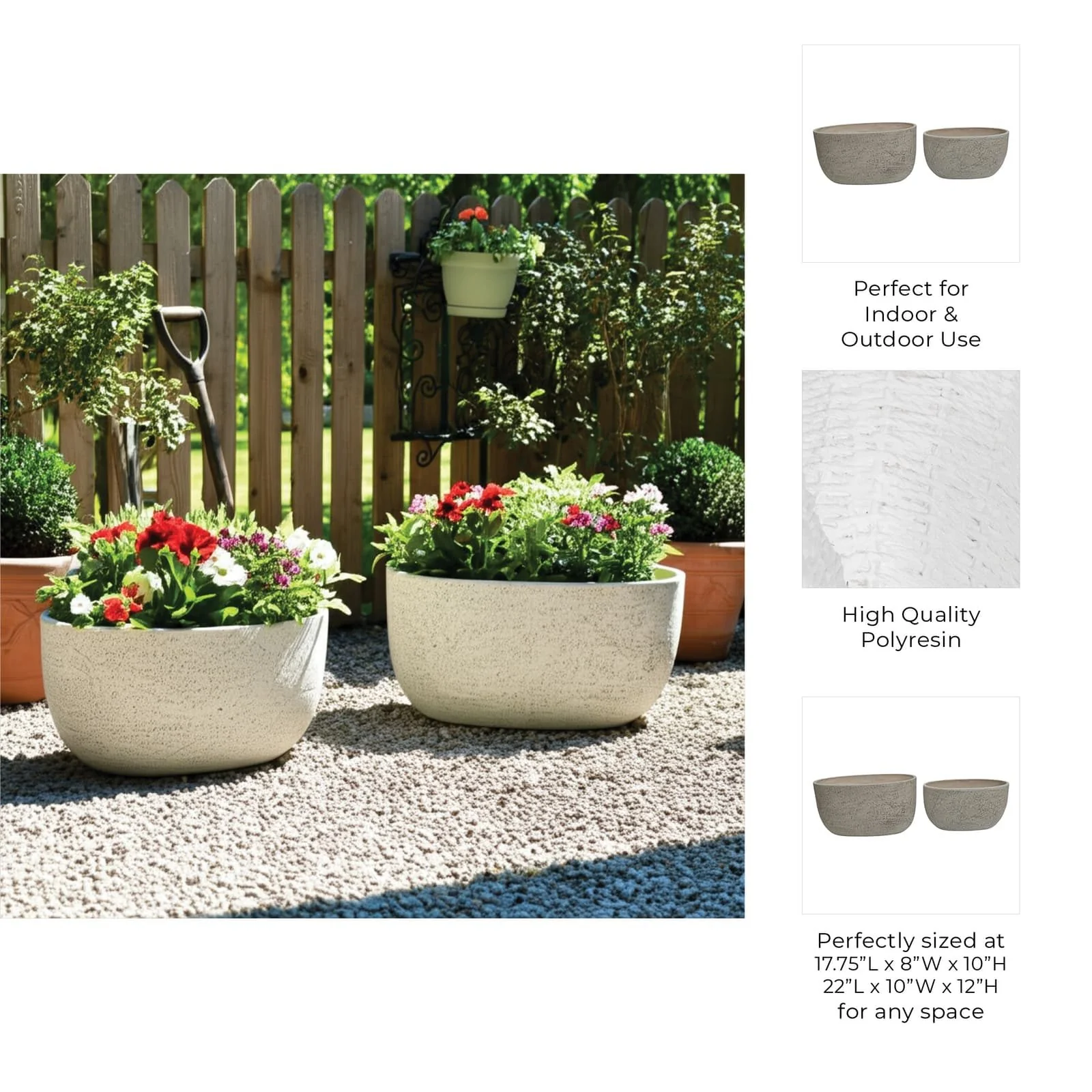 S/2 18/22" Oblong Cement Texture Resin Planters - Image 9