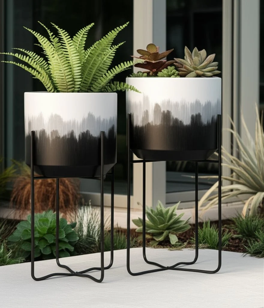 S/2 19/23" Brush Strokes Metal Planters On Stands, - Image 9