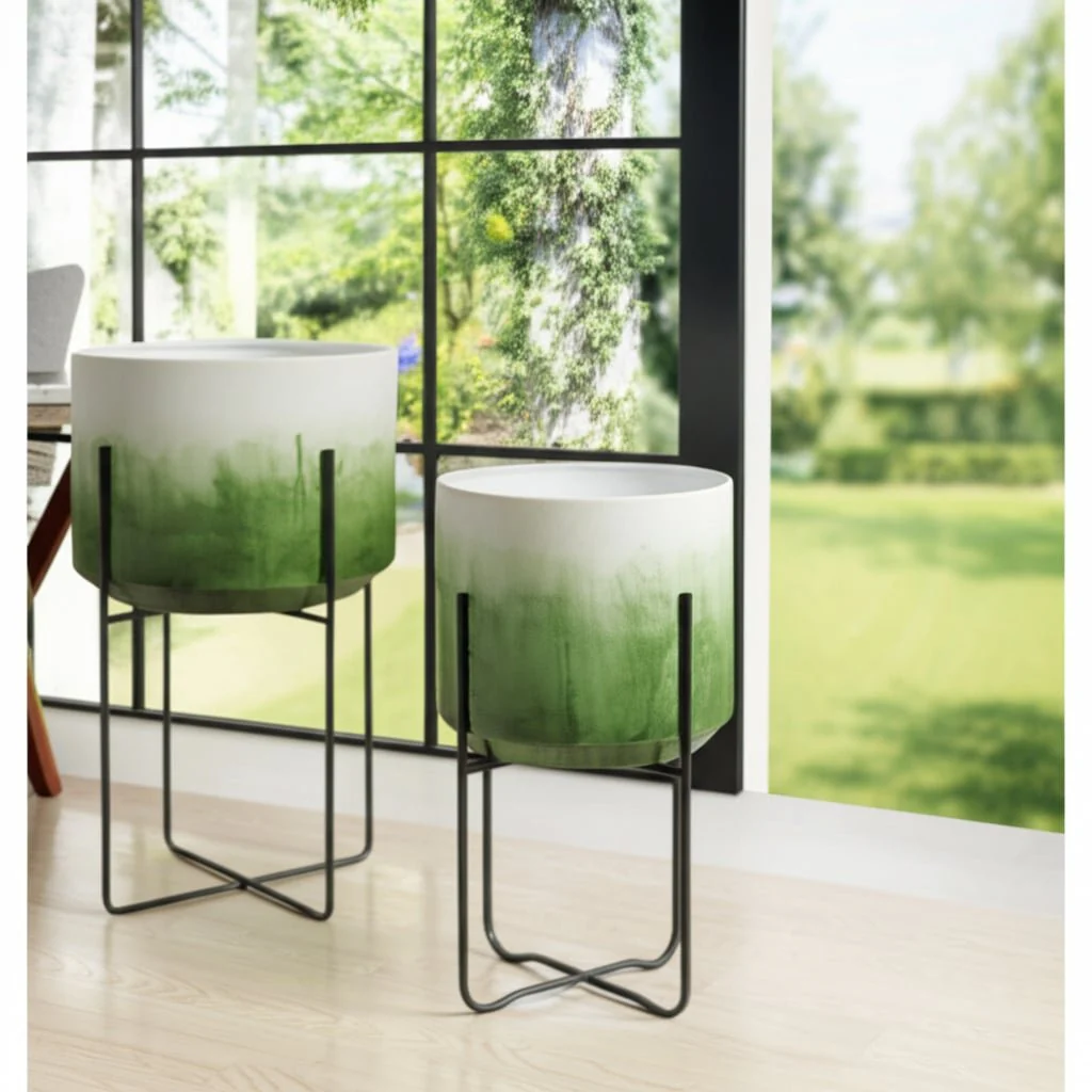 S/2 19/23" Gradient Metal Planters On Stands, Gree - Image 10