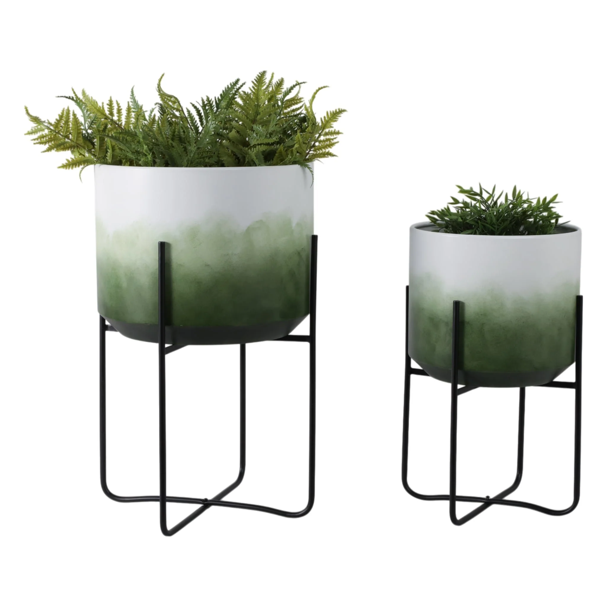 S/2 19/23" Gradient Metal Planters On Stands, Gree - Image 2